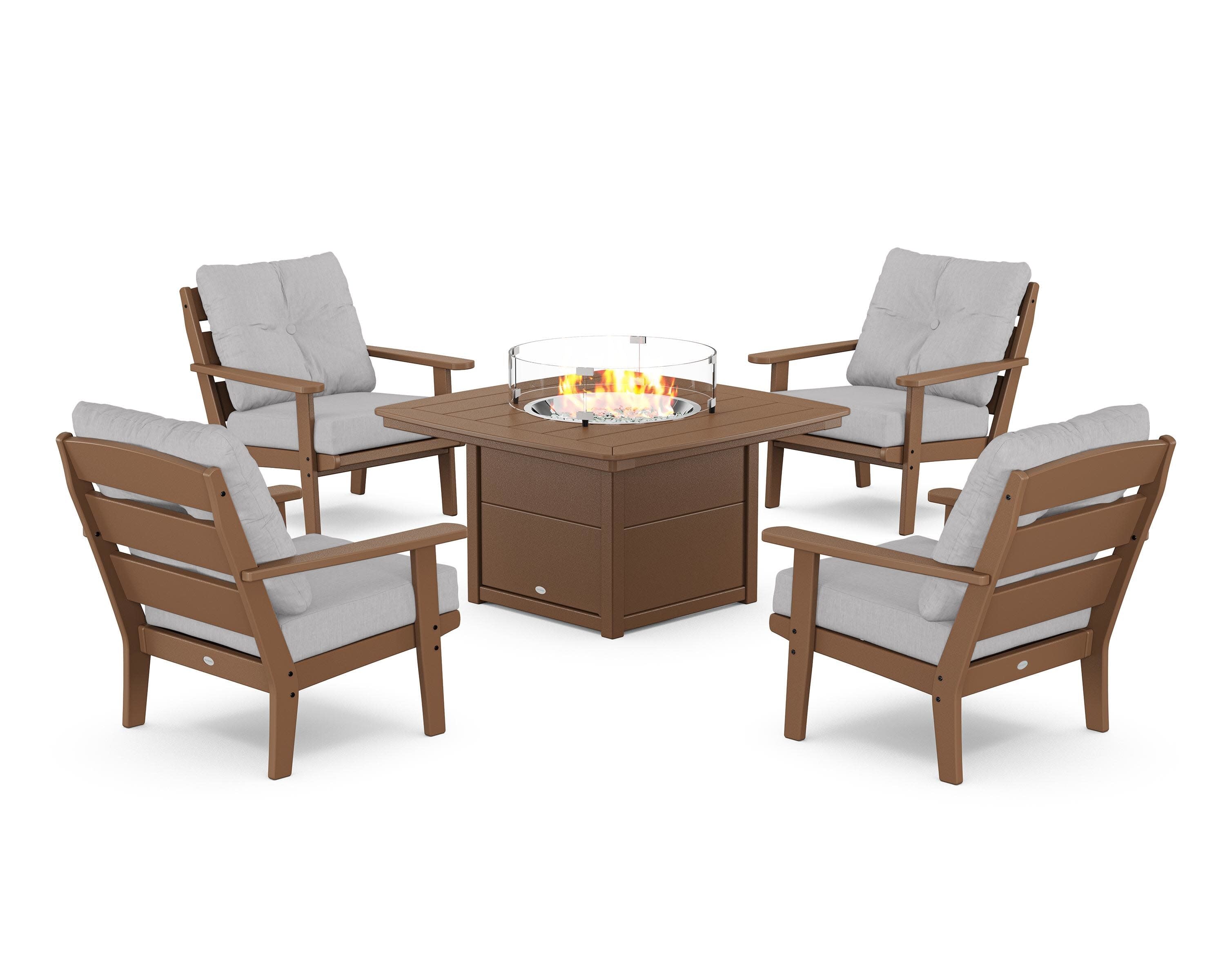 Lakeside 5-Piece Deep Seating Set with Nautical Fire Pit Table in Teak / Granite
