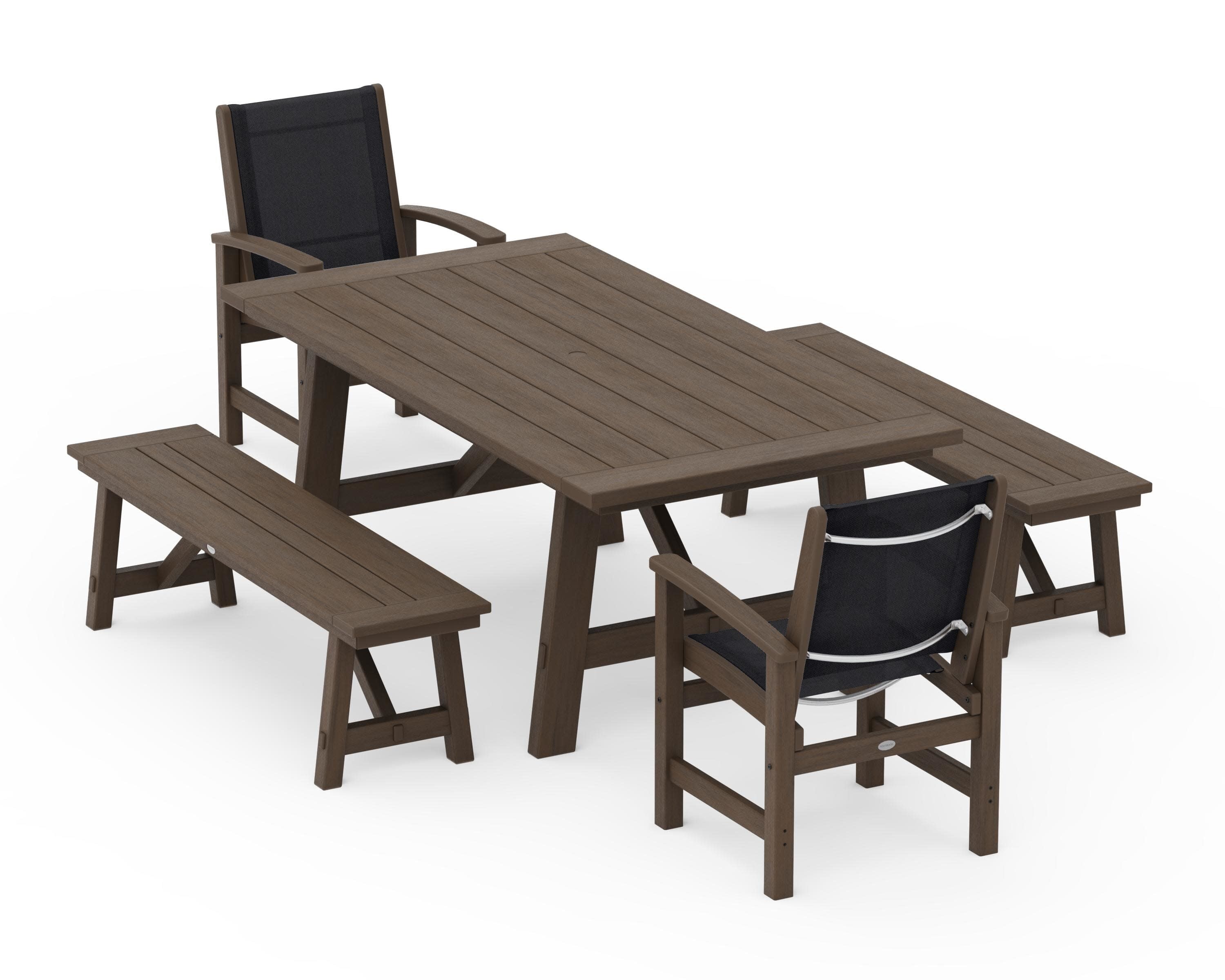 Coastal 5-Piece Rustic Farmhouse Dining Set With Benches in Kona / Black Sling