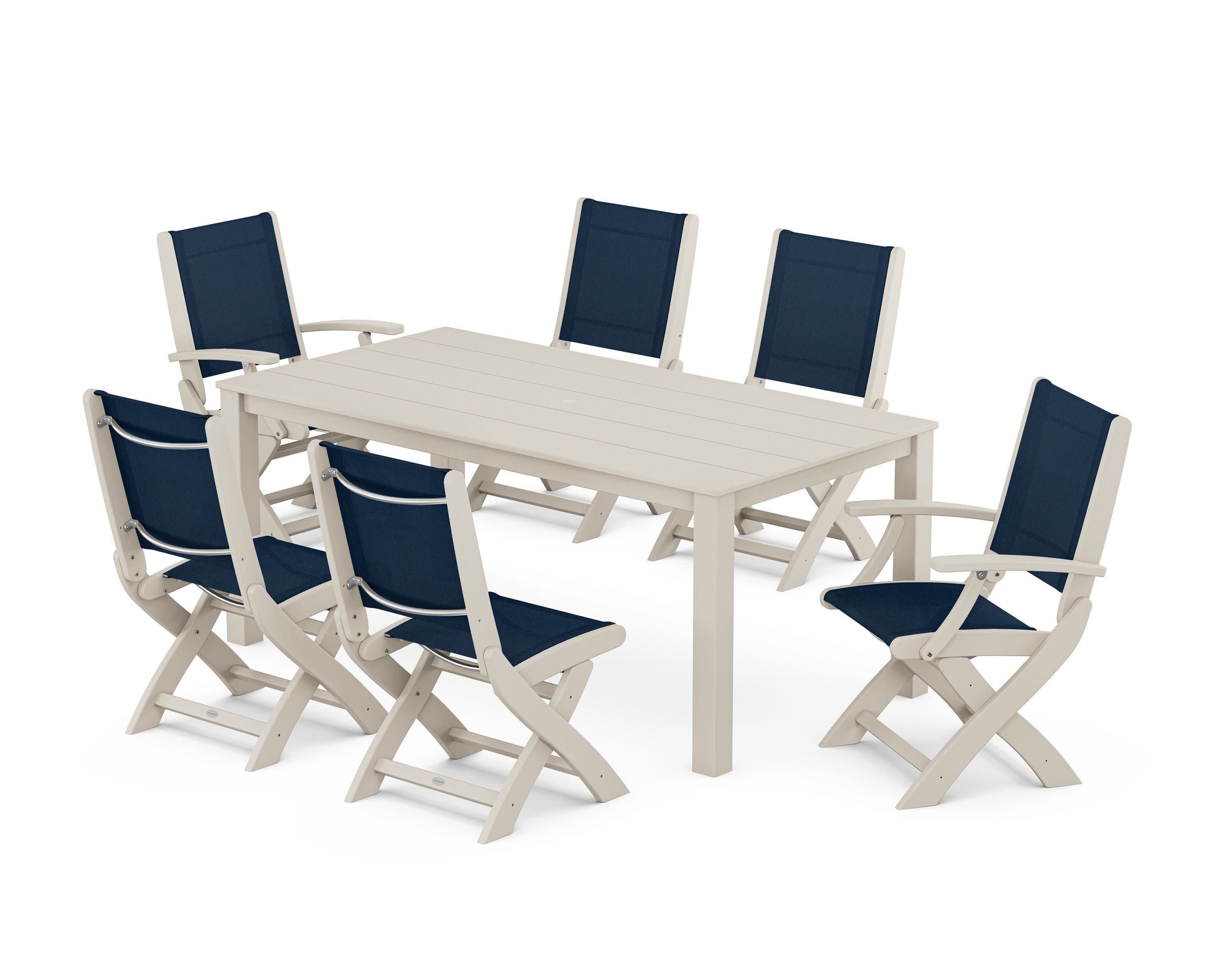 Coastal Folding Chair 7-Piece Parsons Dining Set in Sand / Navy Blue Sling