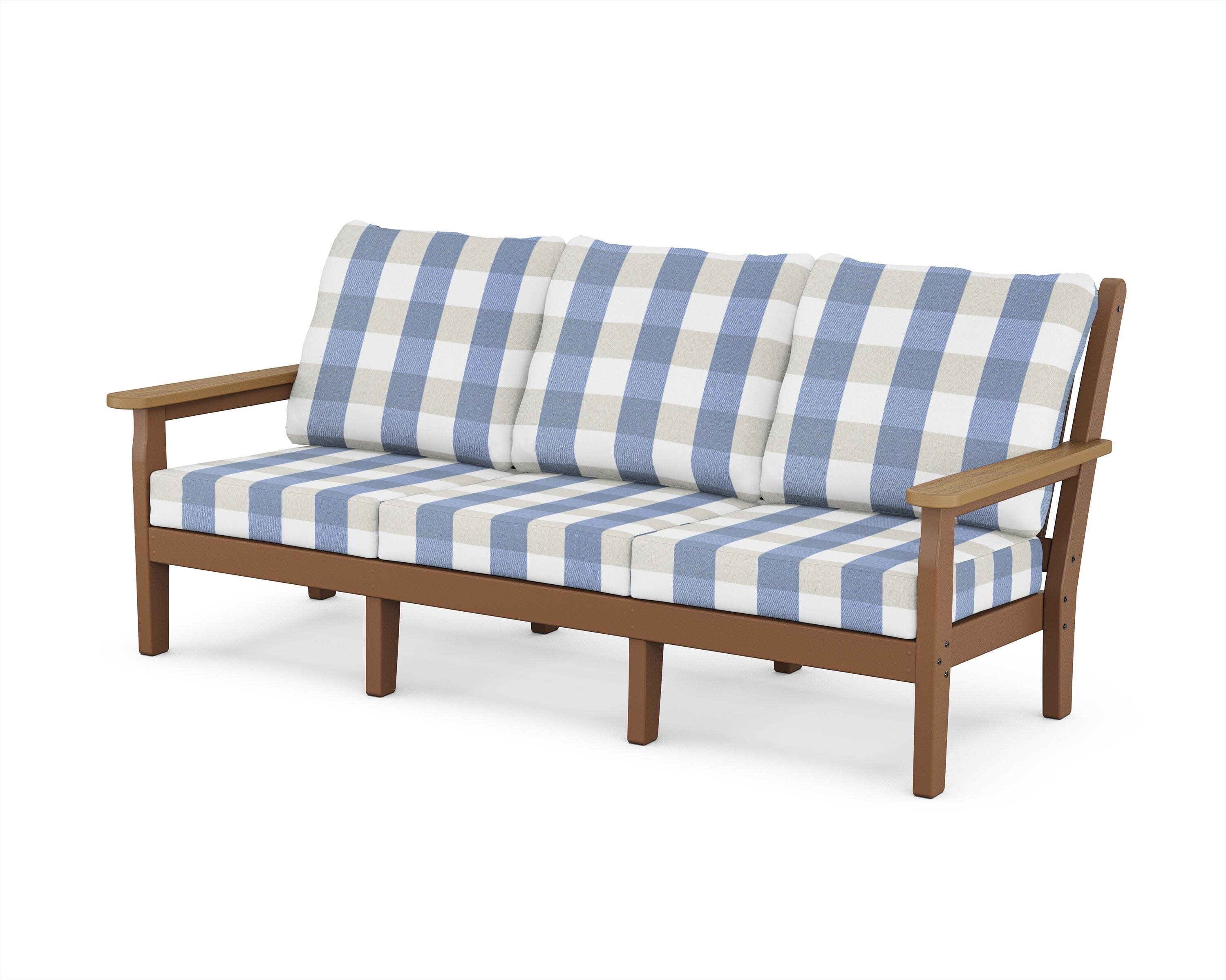 Chippendale Deep Seating Sofa in Teak / Natural / Buffalo Plaid Sky Blue