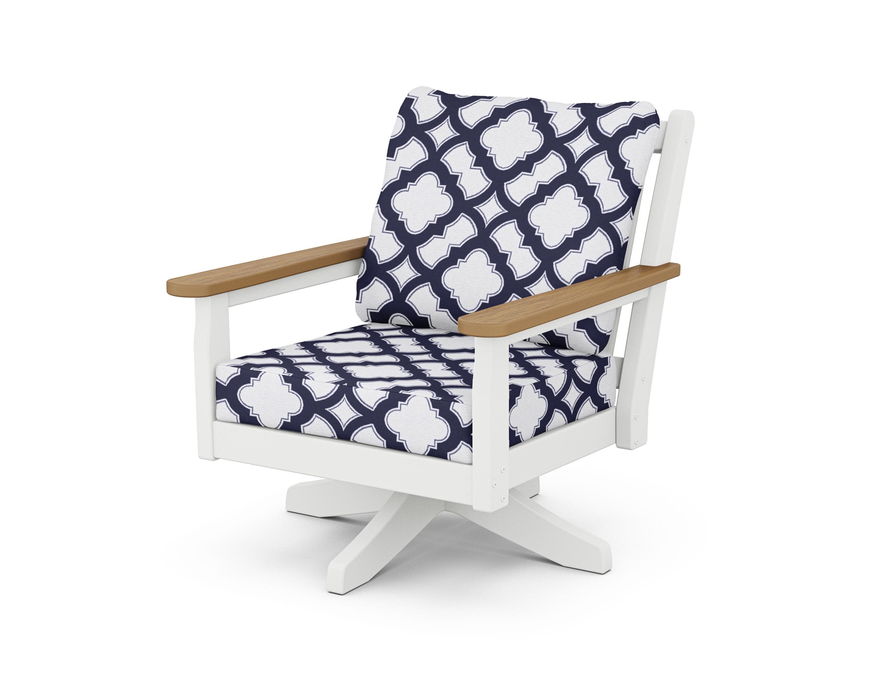 Chippendale Deep Seating Swivel Chair in White / Natural / Trellis Navy