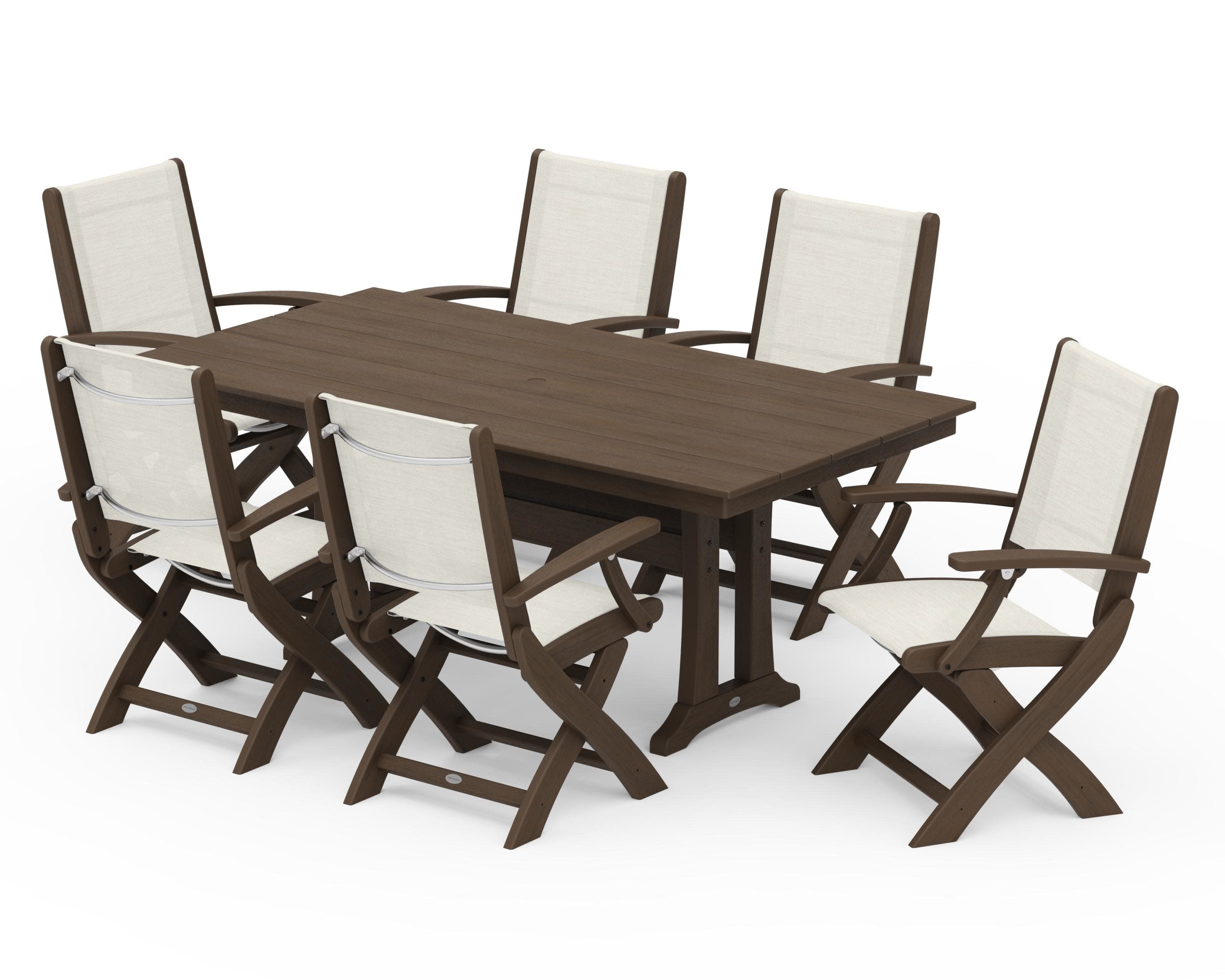 Coastal Folding Arm Chair 7-Piece Farmhouse Dining Set with Trestle Legs in Kona / Parchment Sling