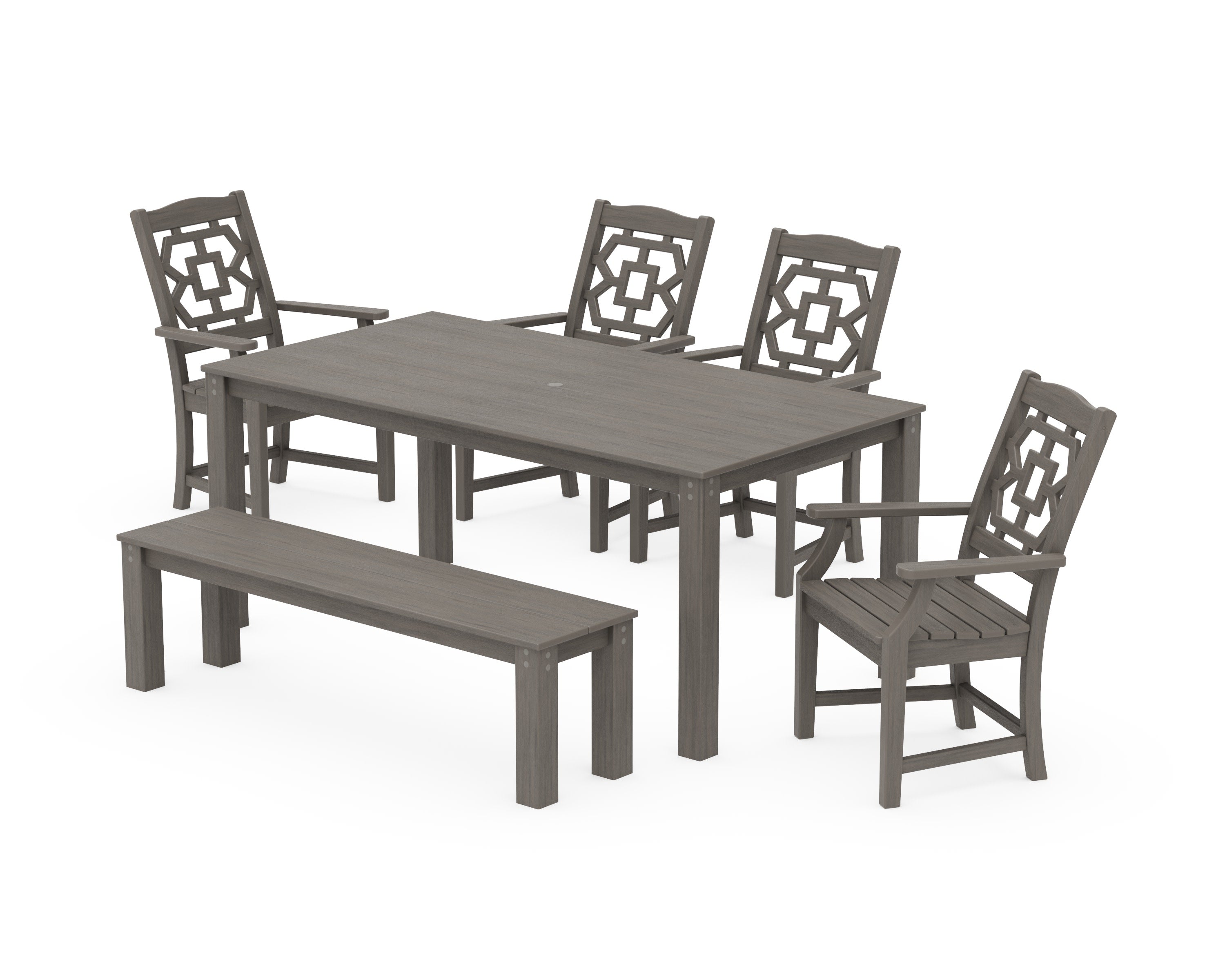 Chinoiserie 6-Piece Parsons Dining Set with Bench in Driftwood