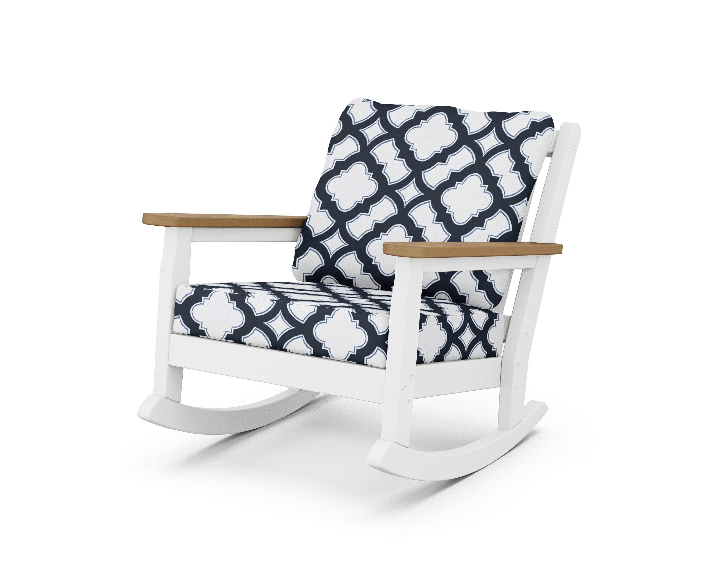 Chippendale Deep Seating Rocking Chair in White / Natural / Trellis Marine Indigo