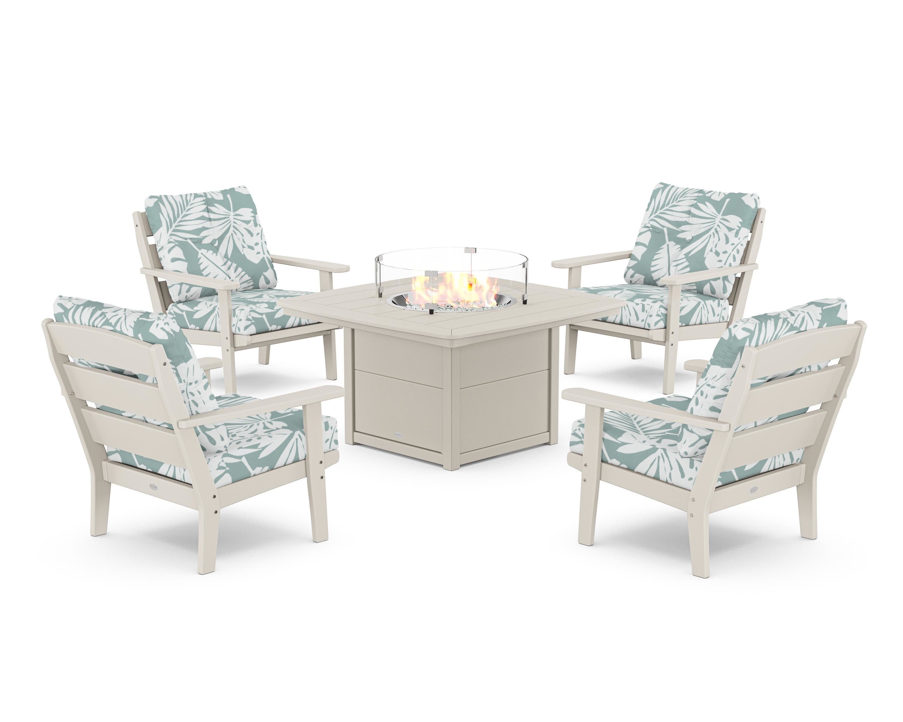 Lakeside 5-Piece Deep Seating Set with Nautical Fire Pit Table in Sand / Leaf Glacier Spa