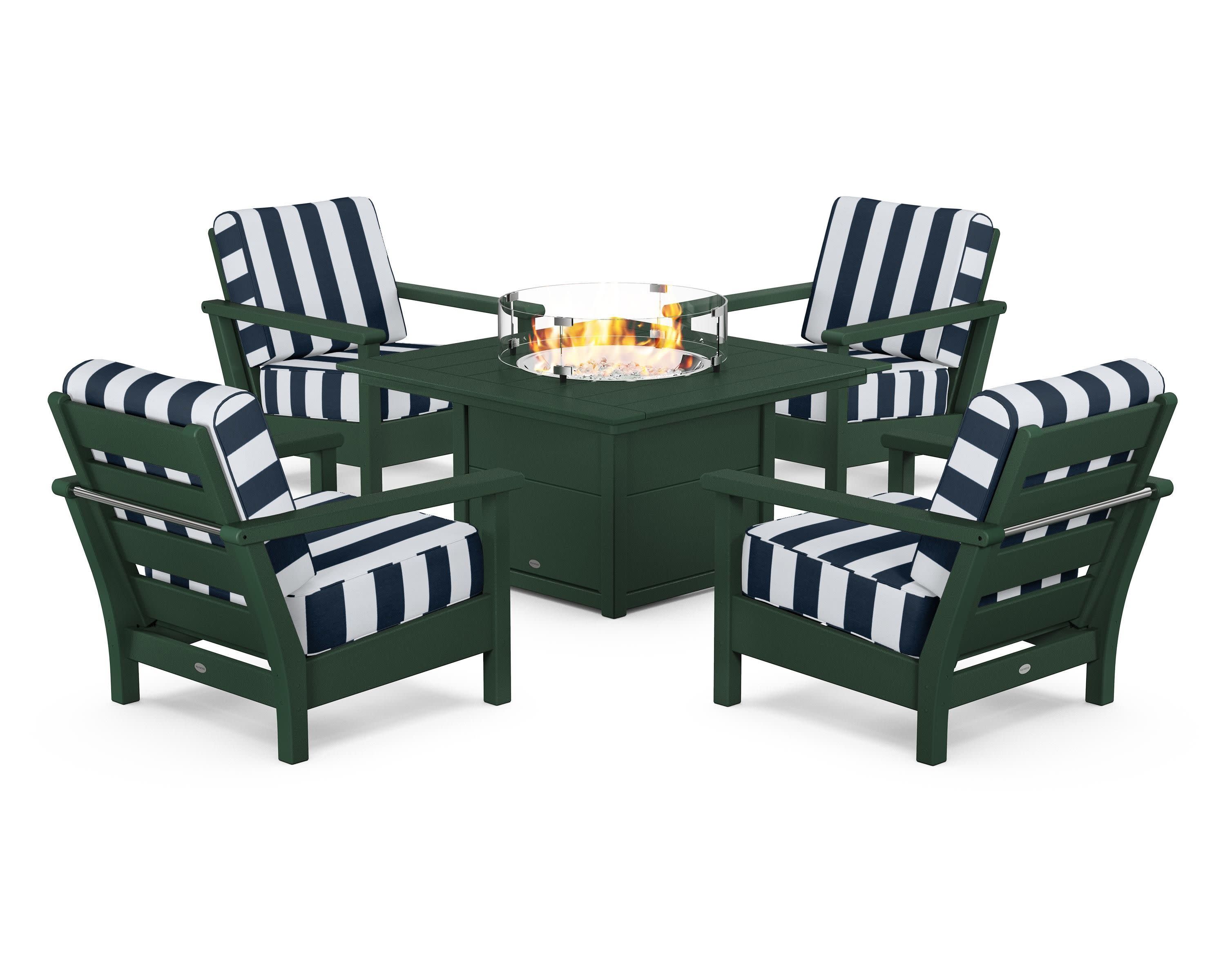 Harbour 5-Piece Conversation Set with Fire Pit Table in Green / Cabana Stripe Marine Indigo