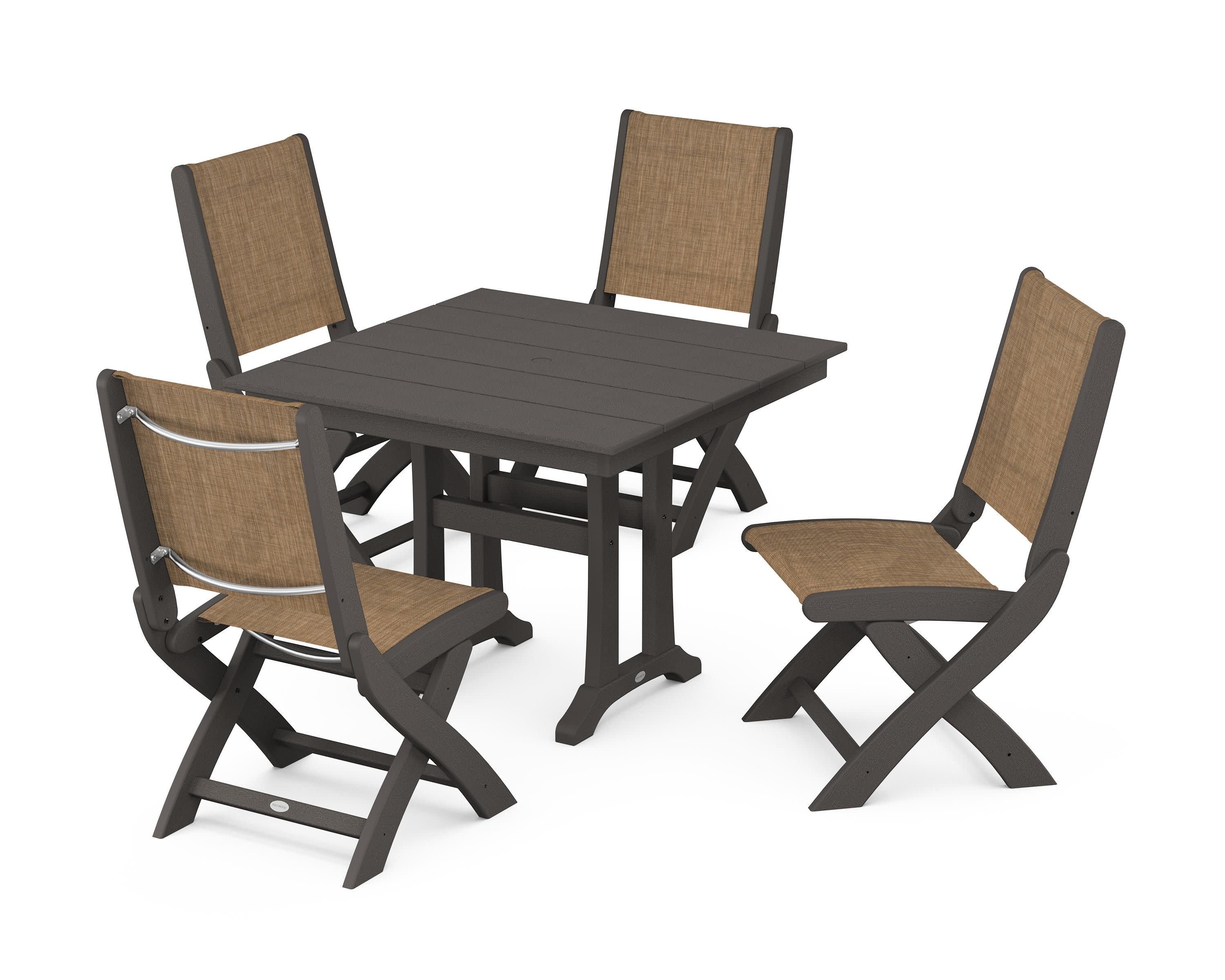 Coastal Folding Side Chair 5-Piece Farmhouse Dining Set With Trestle Legs in Vintage Coffee / Burlap Sling