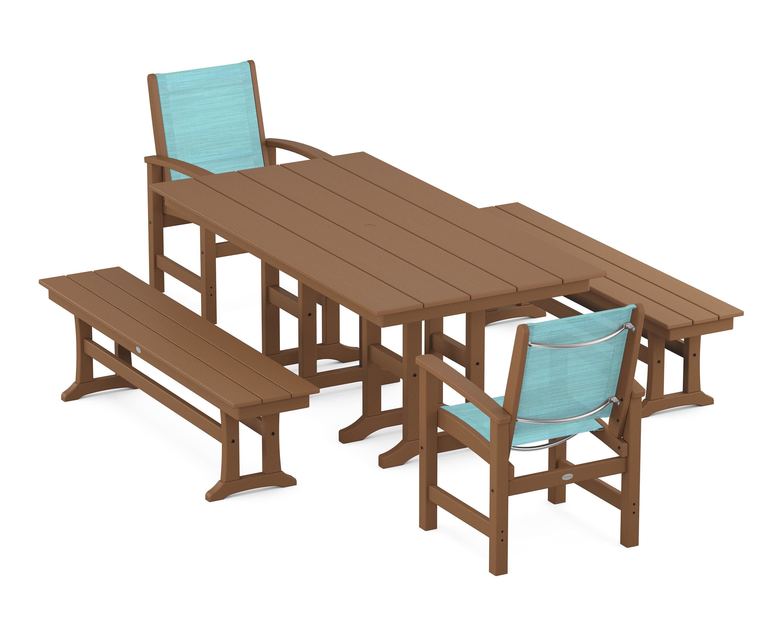 Coastal 5-Piece Farmhouse Dining Set in Teak / Dupioni Aquamarine Sling