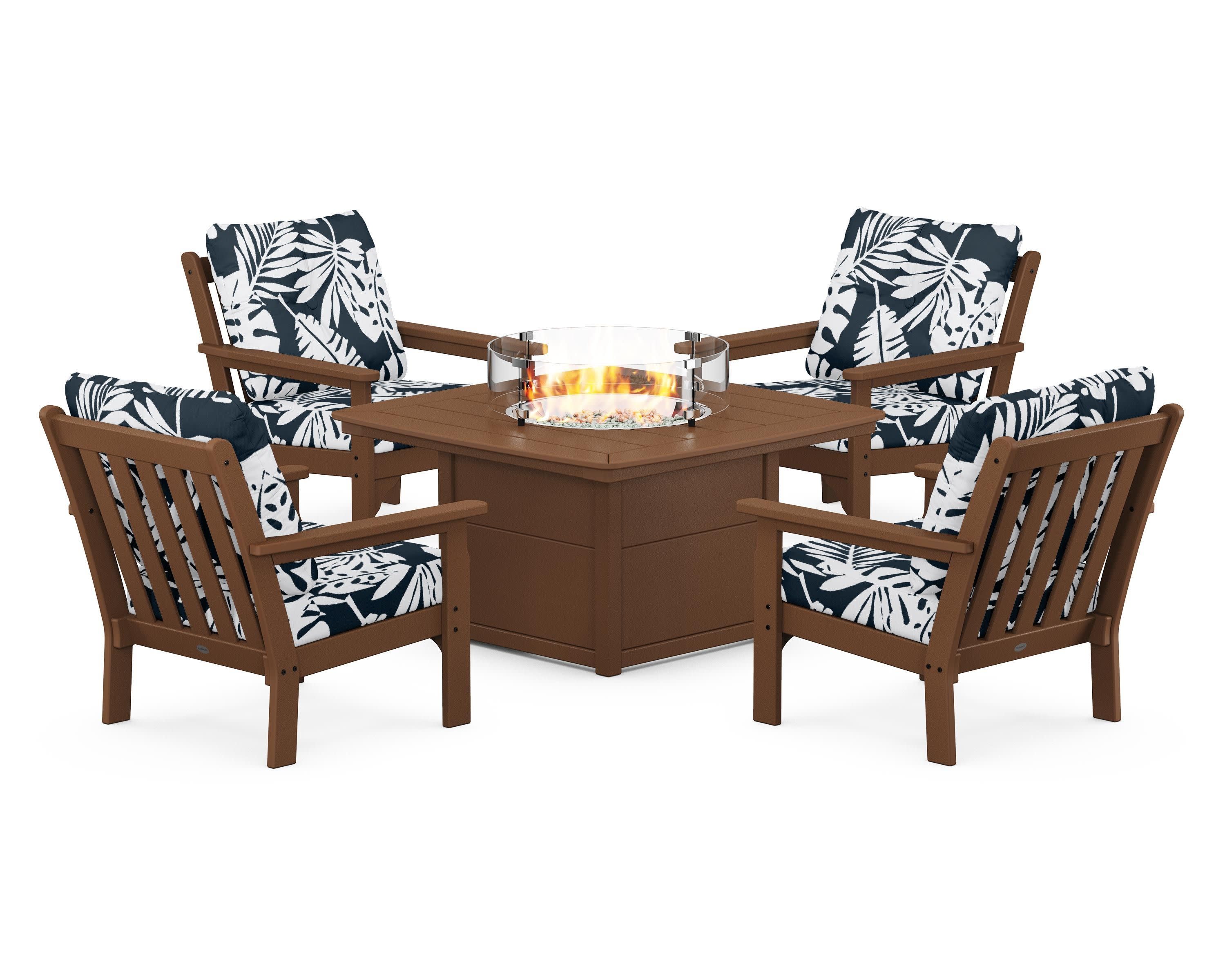 Vineyard 5-Piece Conversation Set with Fire Pit Table in Teak / Leaf Marine Indigo