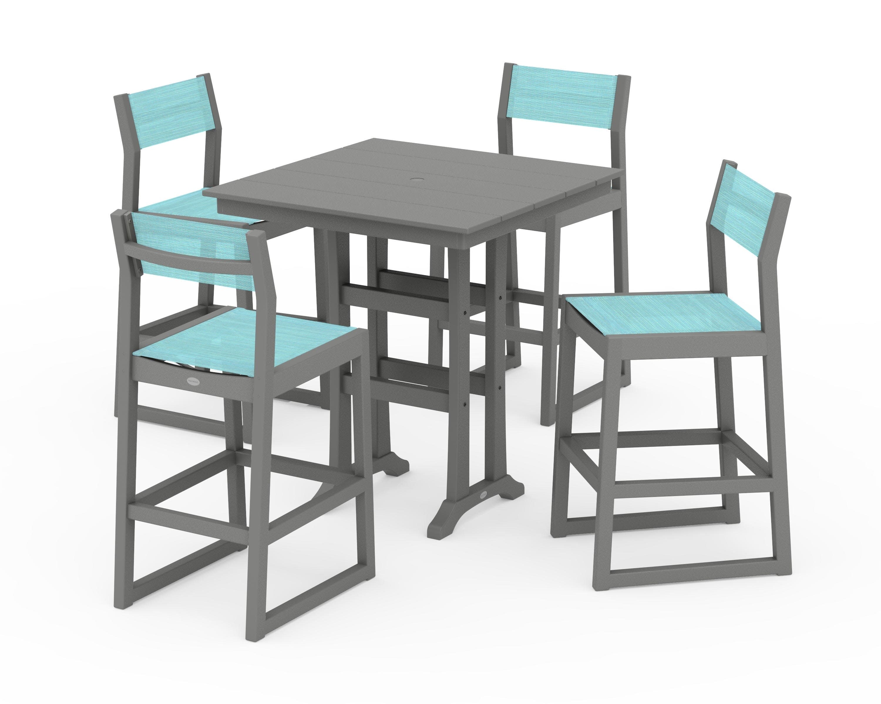 EDGE Sling Arm Chair 5-Piece Farmhouse Bar Set with Trestle Legs in Slate Grey / Dupioni Aquamarine Sling