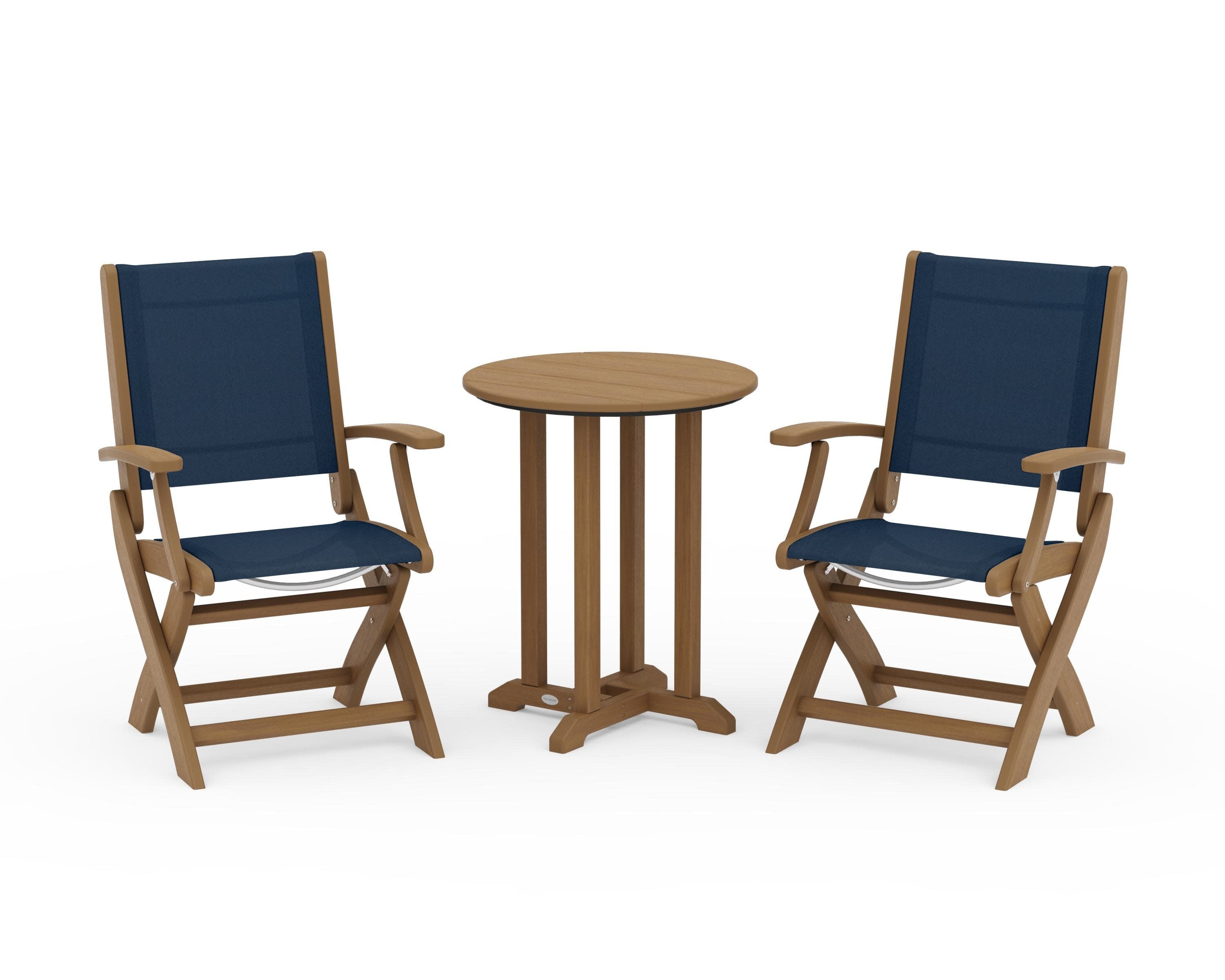 Coastal Folding 3-Piece Round Bistro Dining Set in Natural / Navy Blue Sling