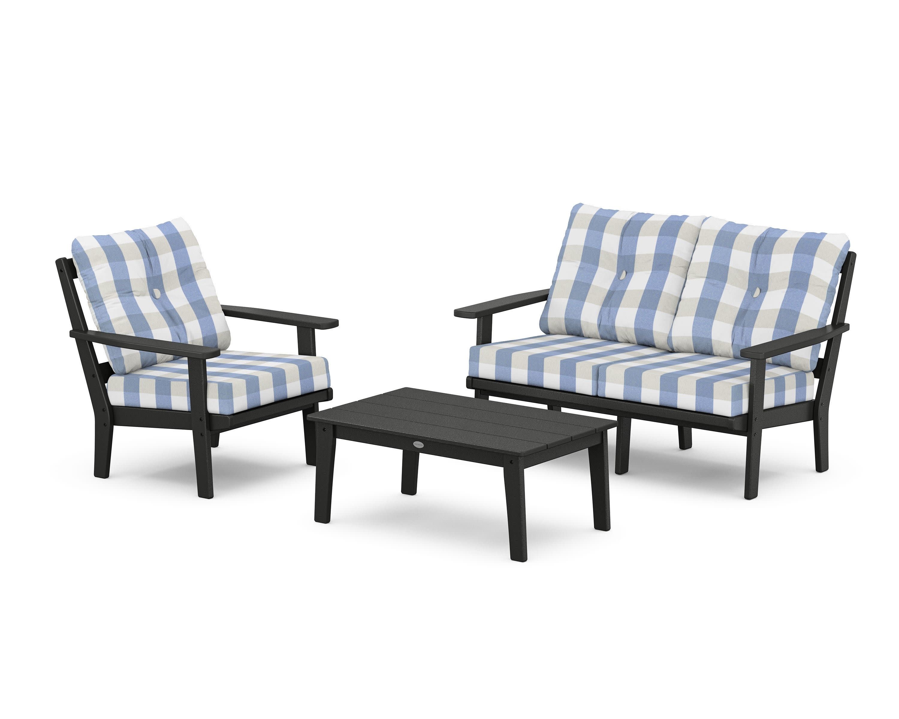 Oxford 3-Piece Deep Seating Set with Loveseat in Black / Buffalo Plaid Sky Blue