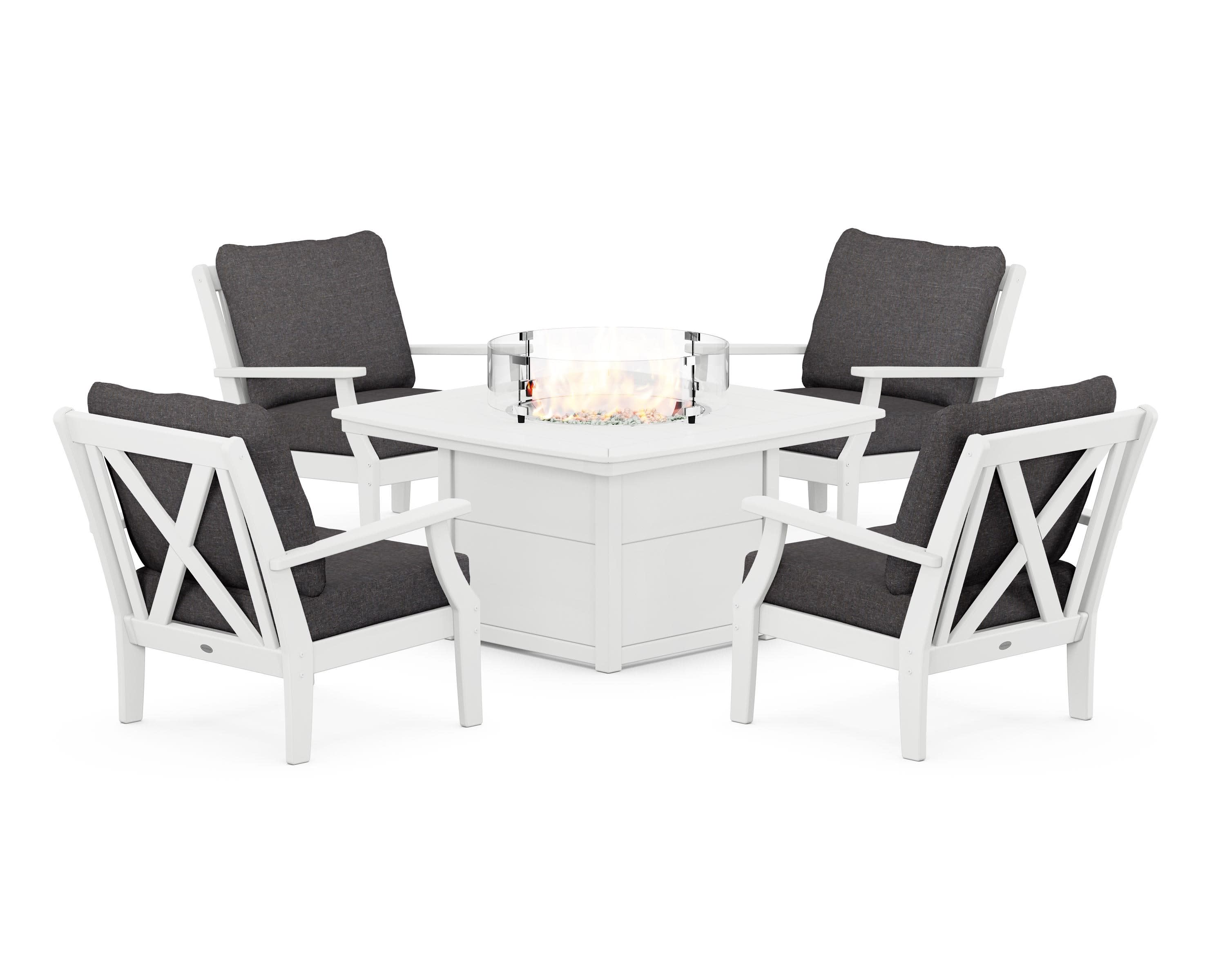 Braxton 5-Piece Deep Seating Conversation Set with Fire Pit Table in White / Ash Charcoal