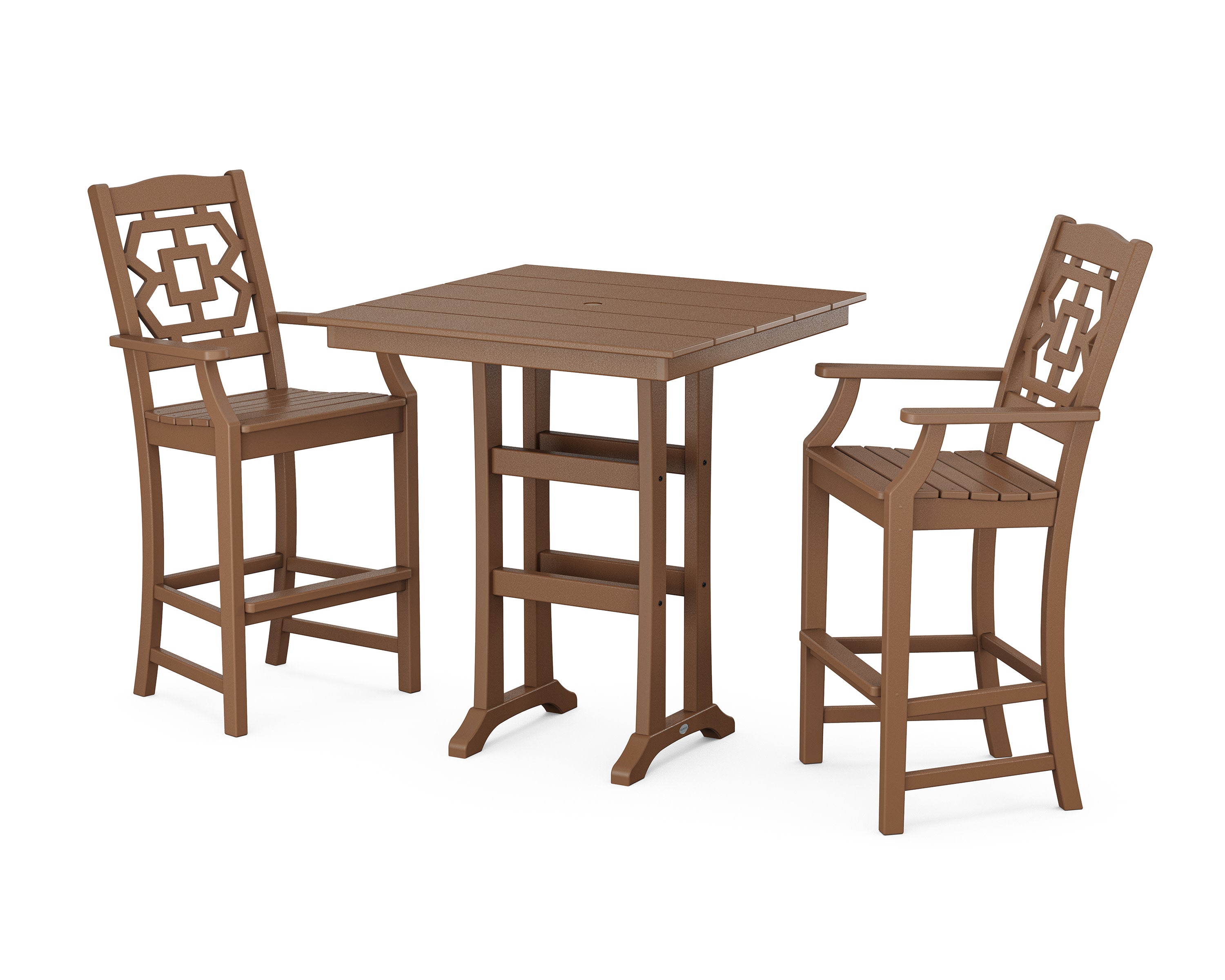 Chinoiserie 3-Piece Farmhouse Bar Set with Trestle Legs in Teak