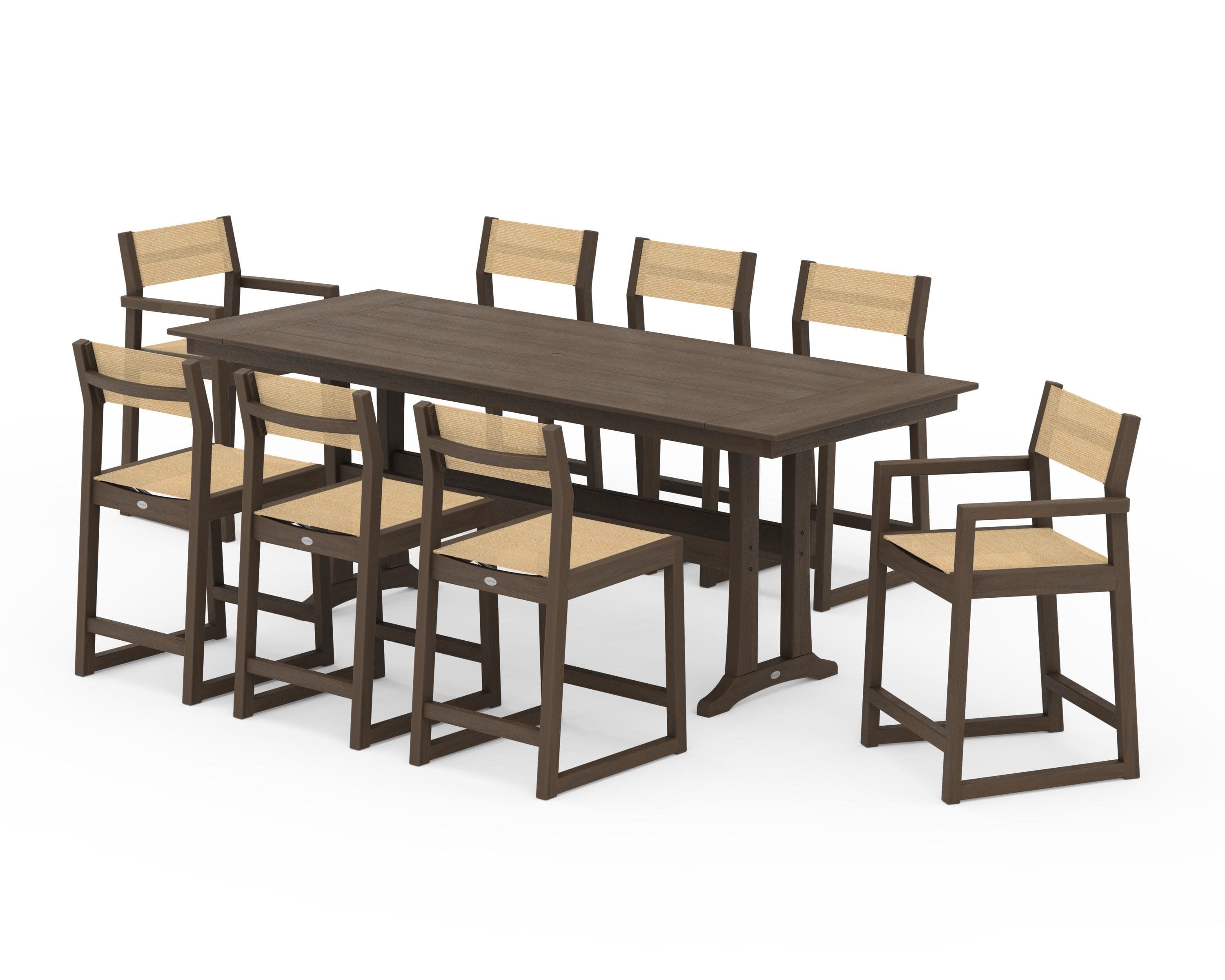 EDGE Sling 9-Piece Farmhouse Counter Set with Trestle Legs in Kona / Dupioni Apricot Sling
