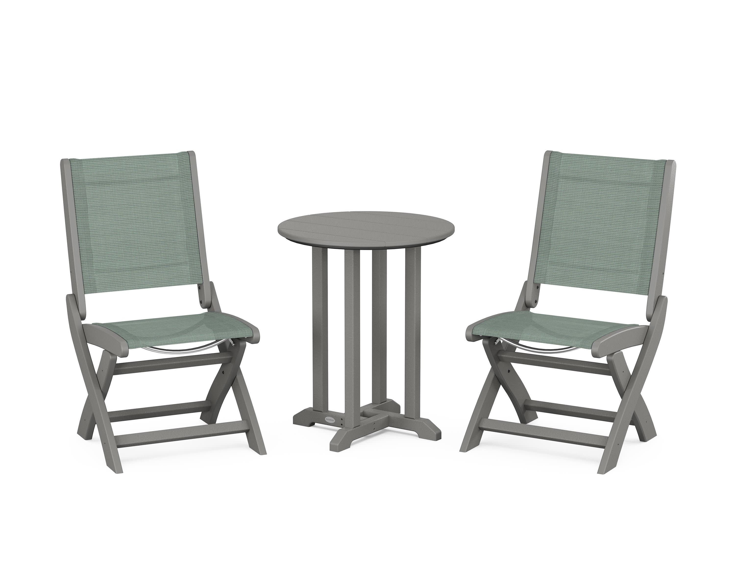 Coastal Folding Side Chair 3-Piece Round Bistro Dining Set in Slate Grey / Dupioni Sea Mist Sling