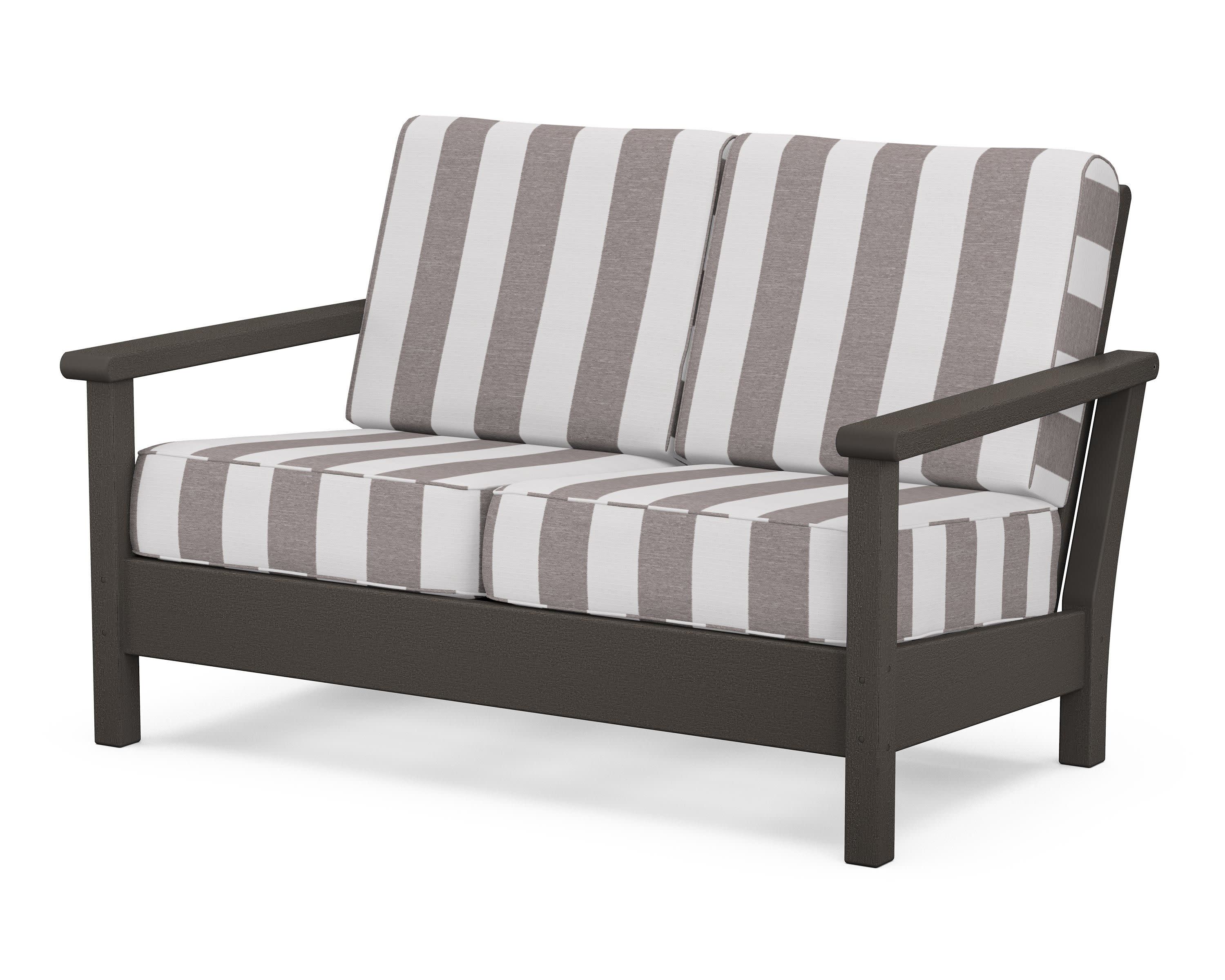 Harbour Deep Seating Loveseat in Vintage Coffee / Cabana Stripe Grey Mist