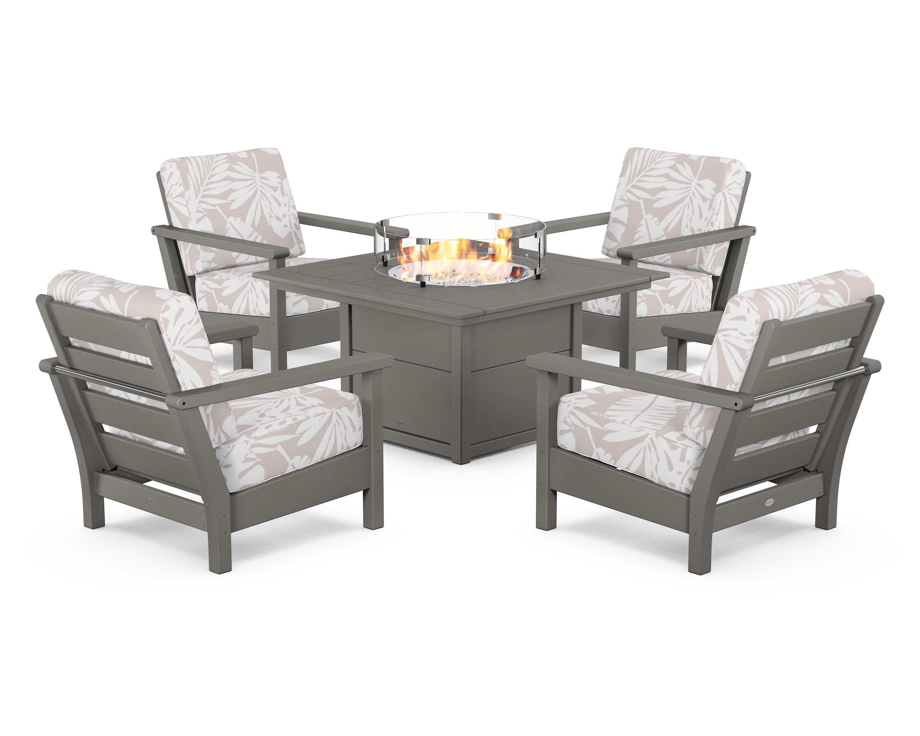 Harbour 5-Piece Conversation Set with Fire Pit Table in Slate Grey / Leaf Dune Burlap