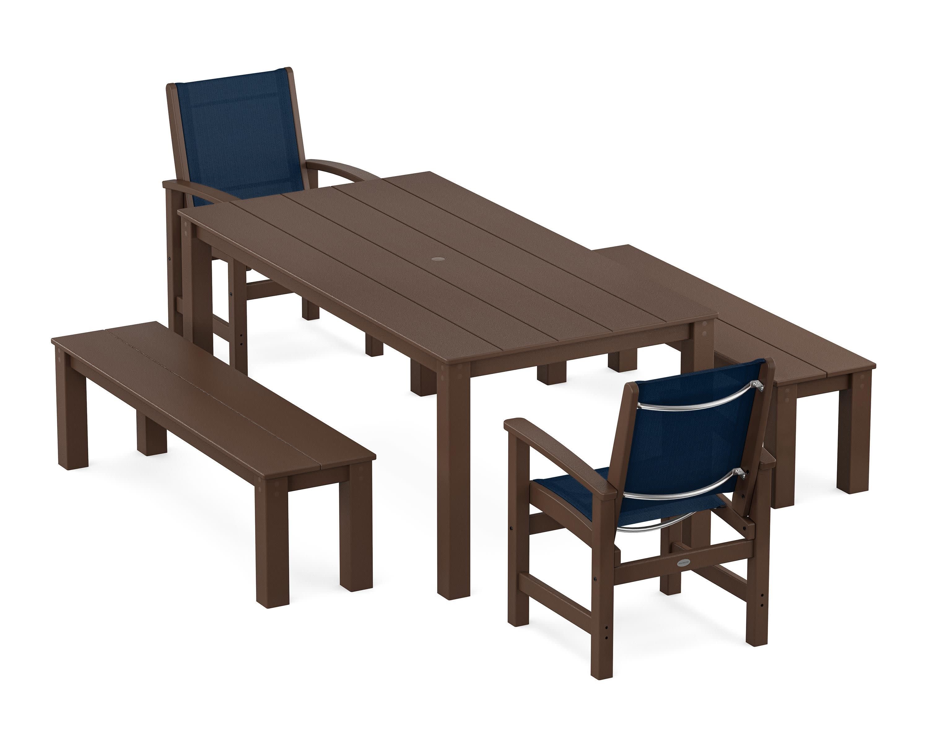 Coastal 5-Piece Parsons Dining Set with Benches in Mahogany / Navy Blue Sling