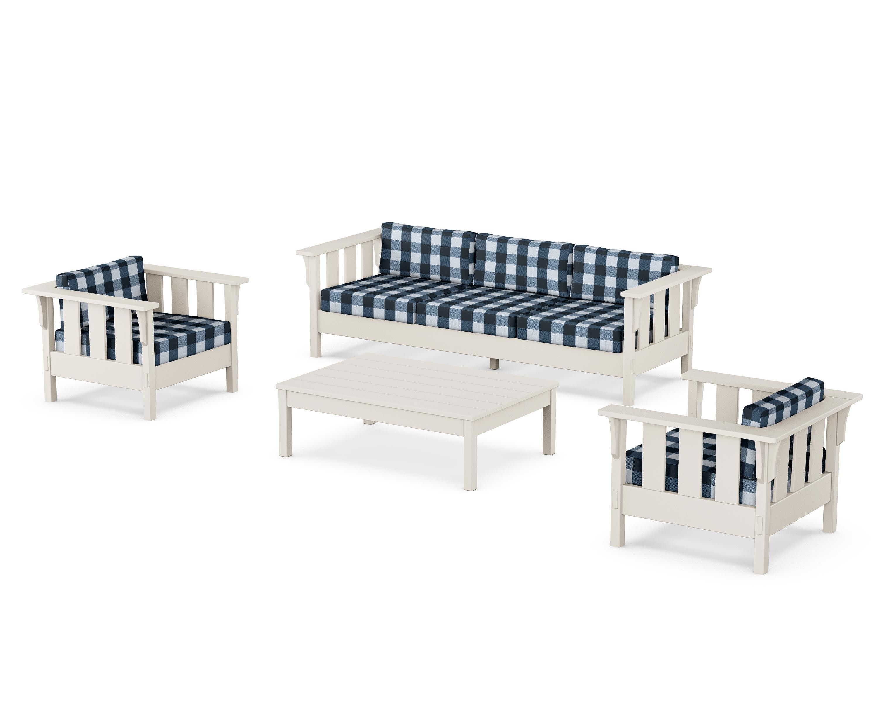 Acadia 4-Piece Deep Seating Set with Sofa in Sand / Buffalo Plaid Marine Indigo