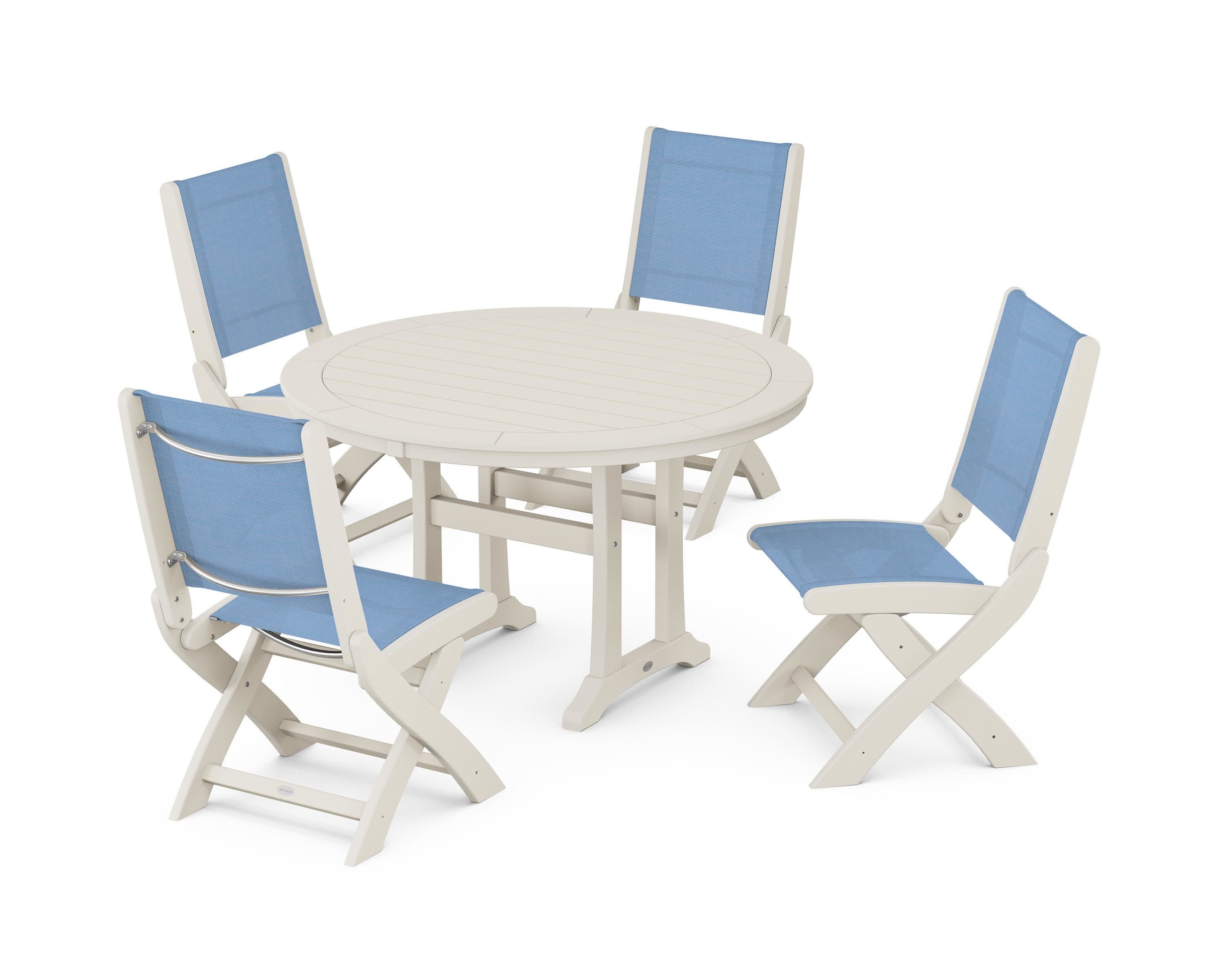 Coastal Folding Side Chair 5-Piece Round Dining Set With Trestle Legs in Sand / Poolside Sling