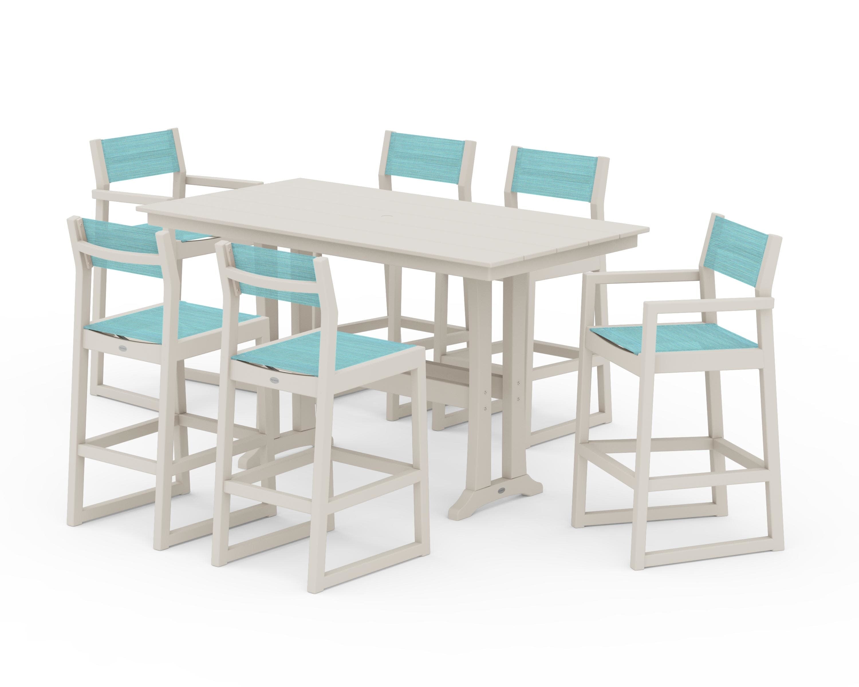 EDGE Sling 7-Piece Farmhouse Bar Set with Trestle Legs in Sand / Dupioni Aquamarine Sling