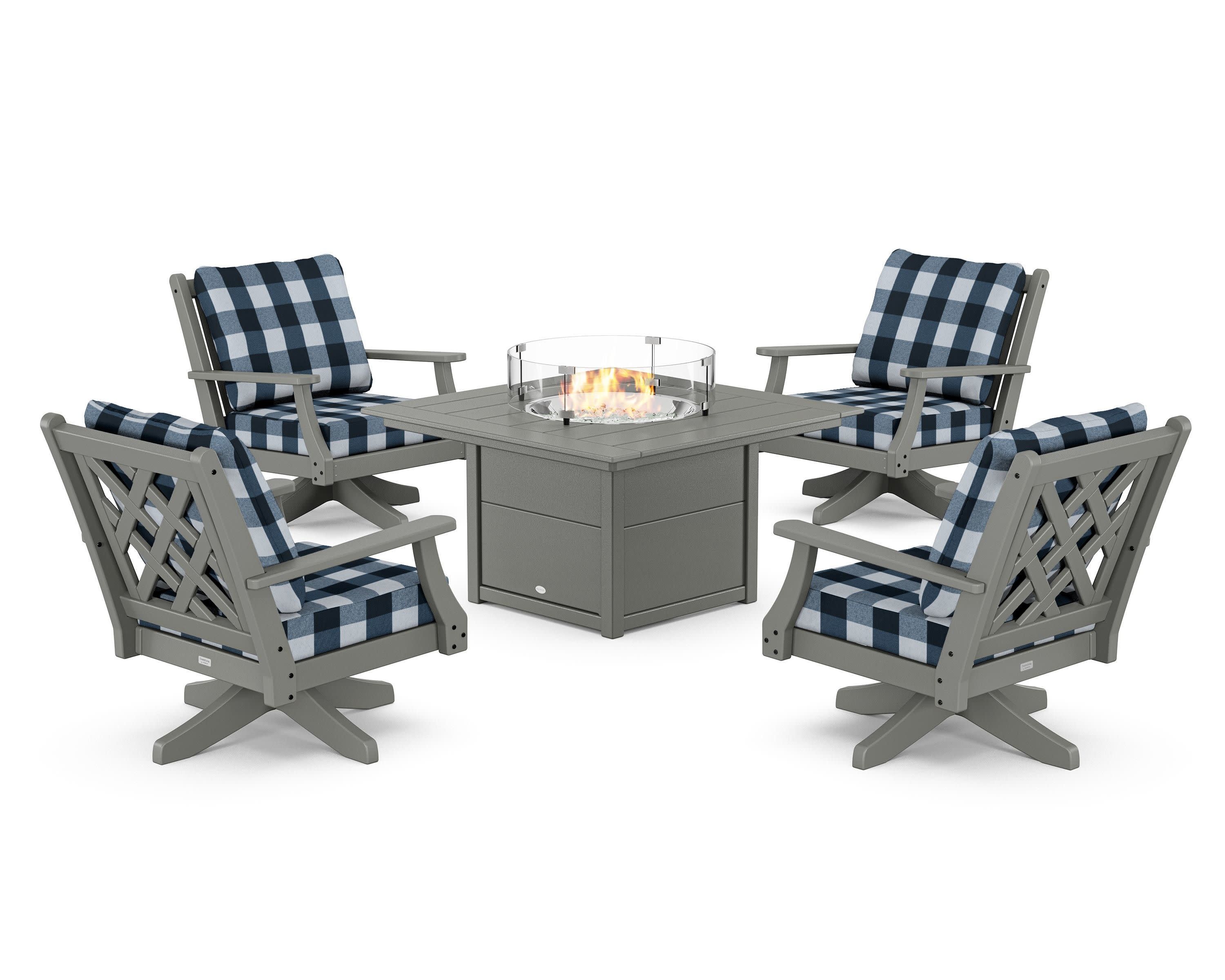 Wovendale 5-Piece Deep Seating Swivel Conversation Set with Fire Pit Table in Slate Grey / Buffalo Plaid Marine Indigo