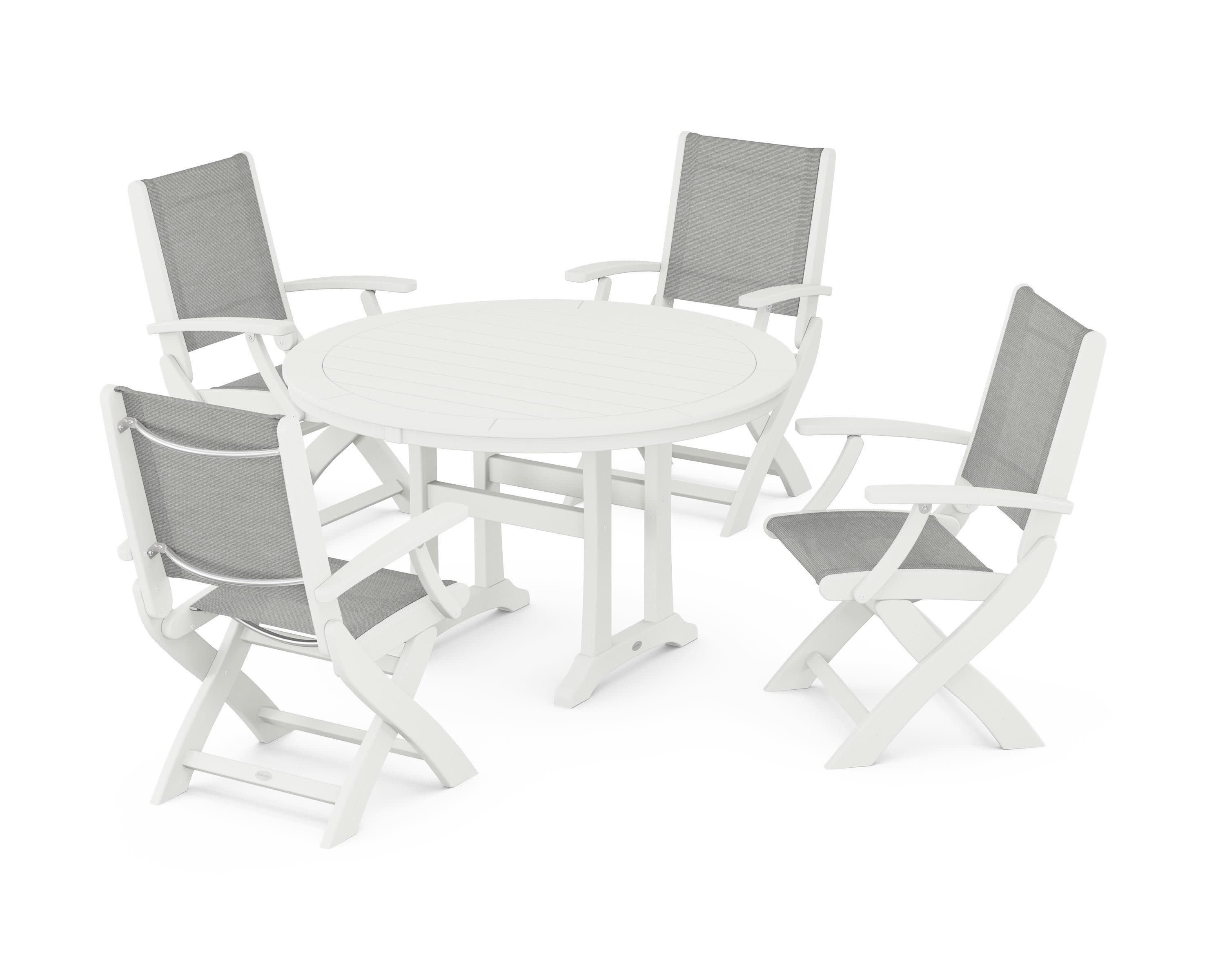 Coastal Folding Chair 5-Piece Round Dining Set with Trestle Legs in Vintage White / Metallic Sling