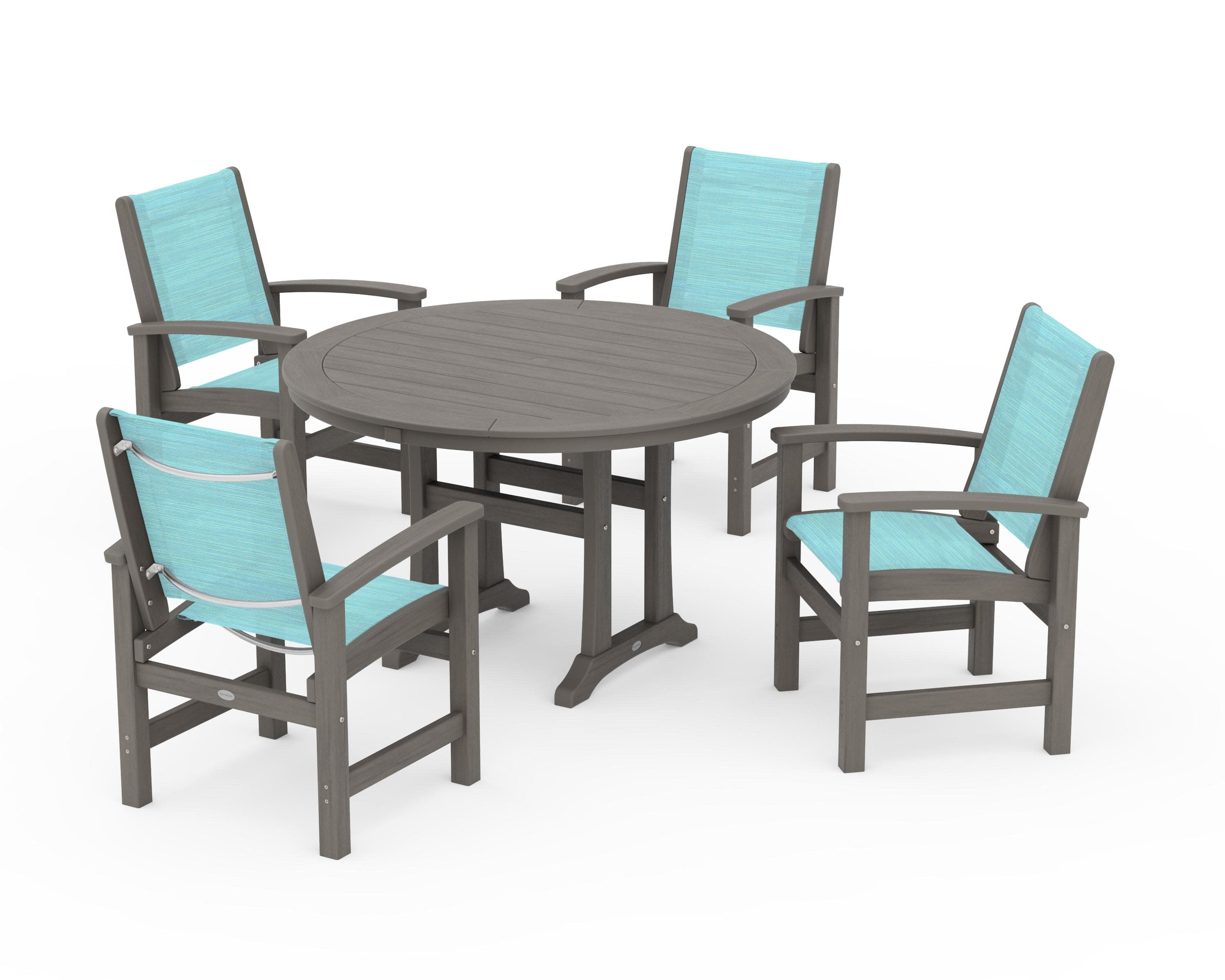Coastal 5-Piece Round Dining Set with Trestle Legs in Driftwood / Dupioni Aquamarine Sling