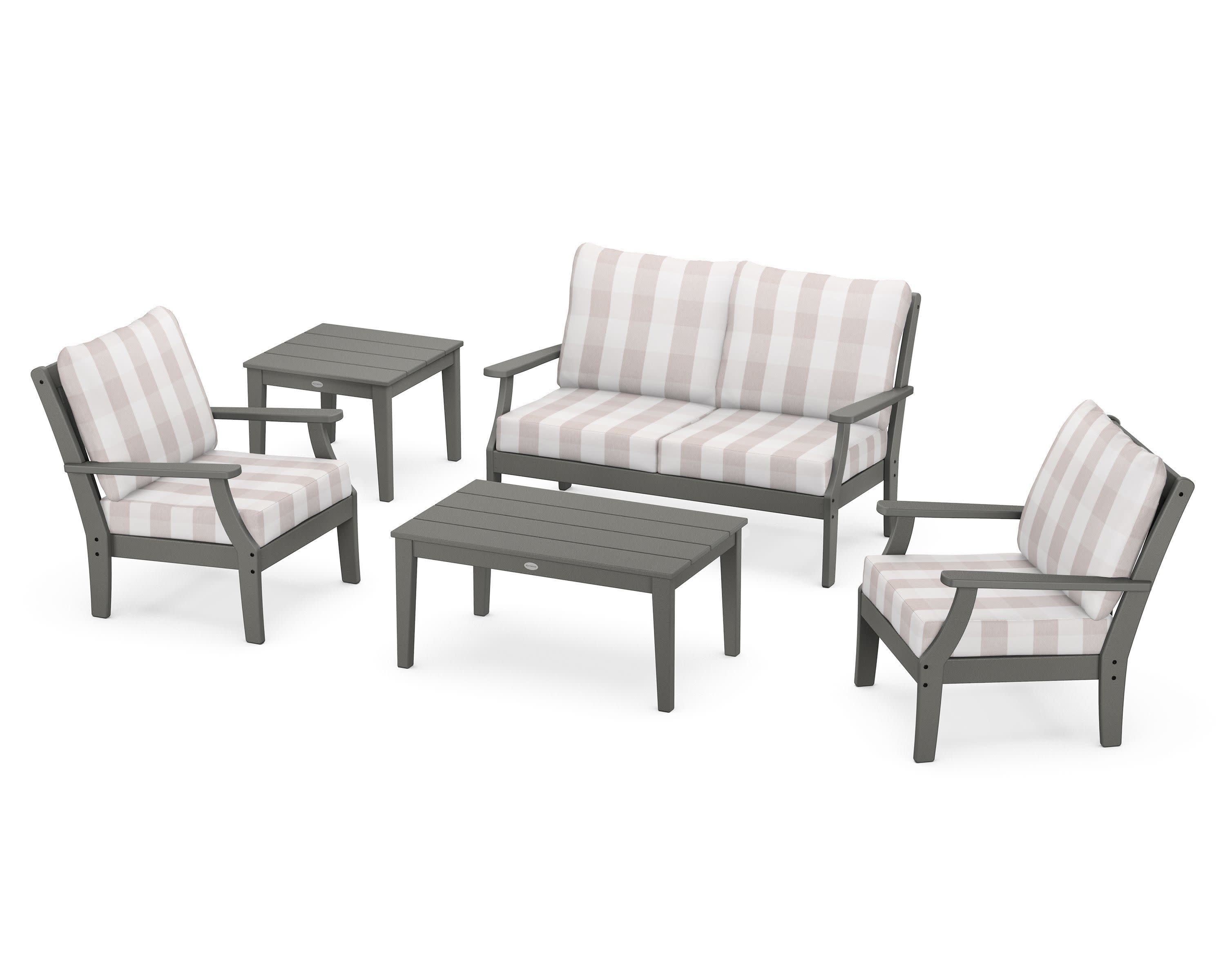 Braxton 5-Piece Deep Seating Set in Slate Grey / Buffalo Plaid Dune Burlap