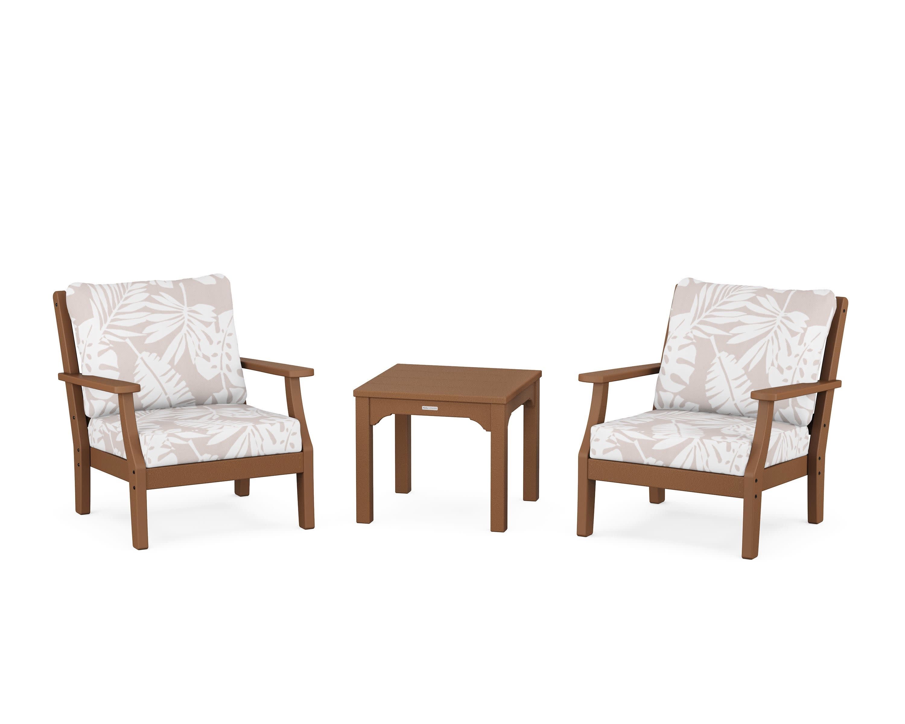 Chinoiserie 3-Piece Deep Seating Set in Teak / Leaf Dune Burlap