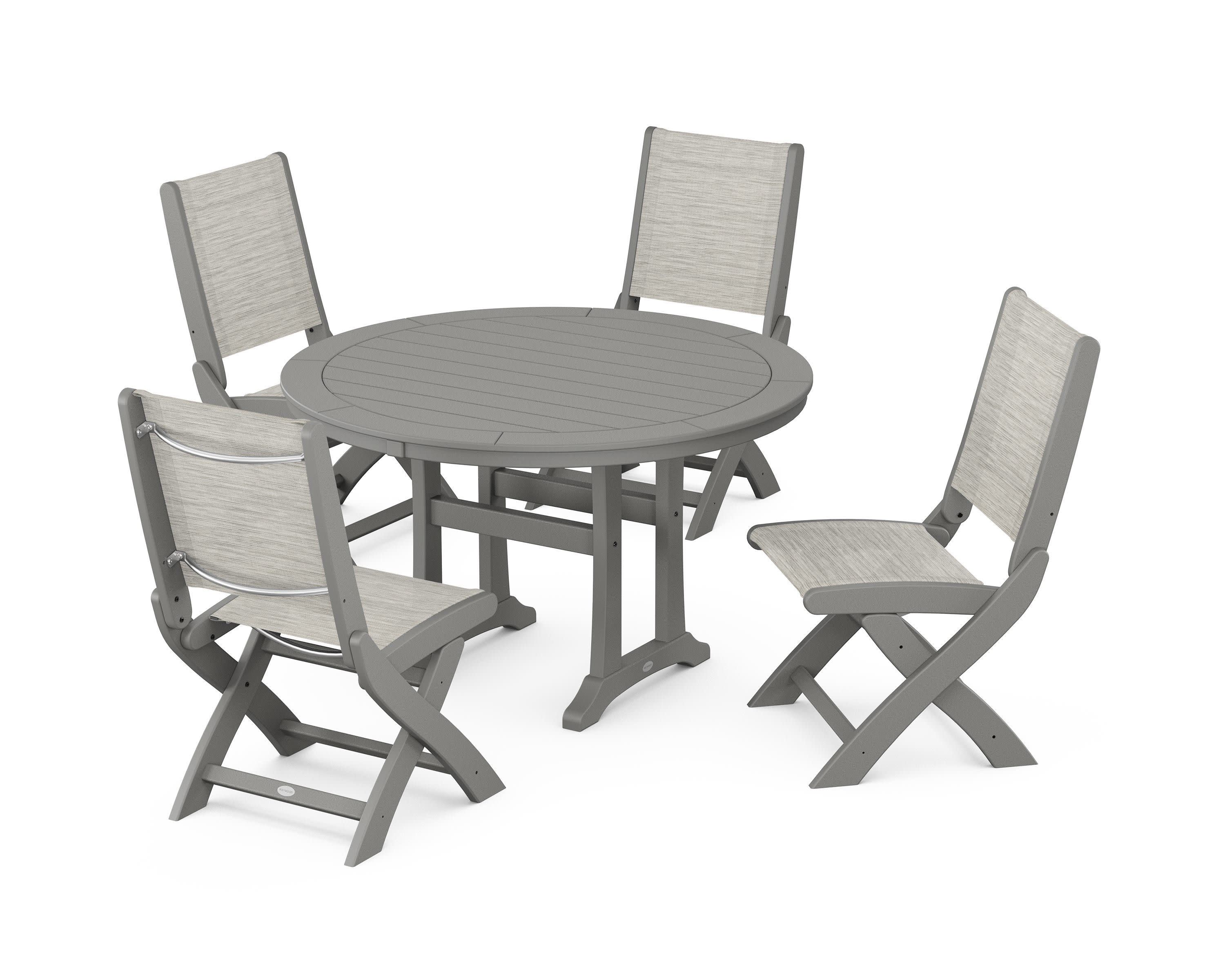Coastal Folding Side Chair 5-Piece Round Dining Set With Trestle Legs in Slate Grey / Birch Sling