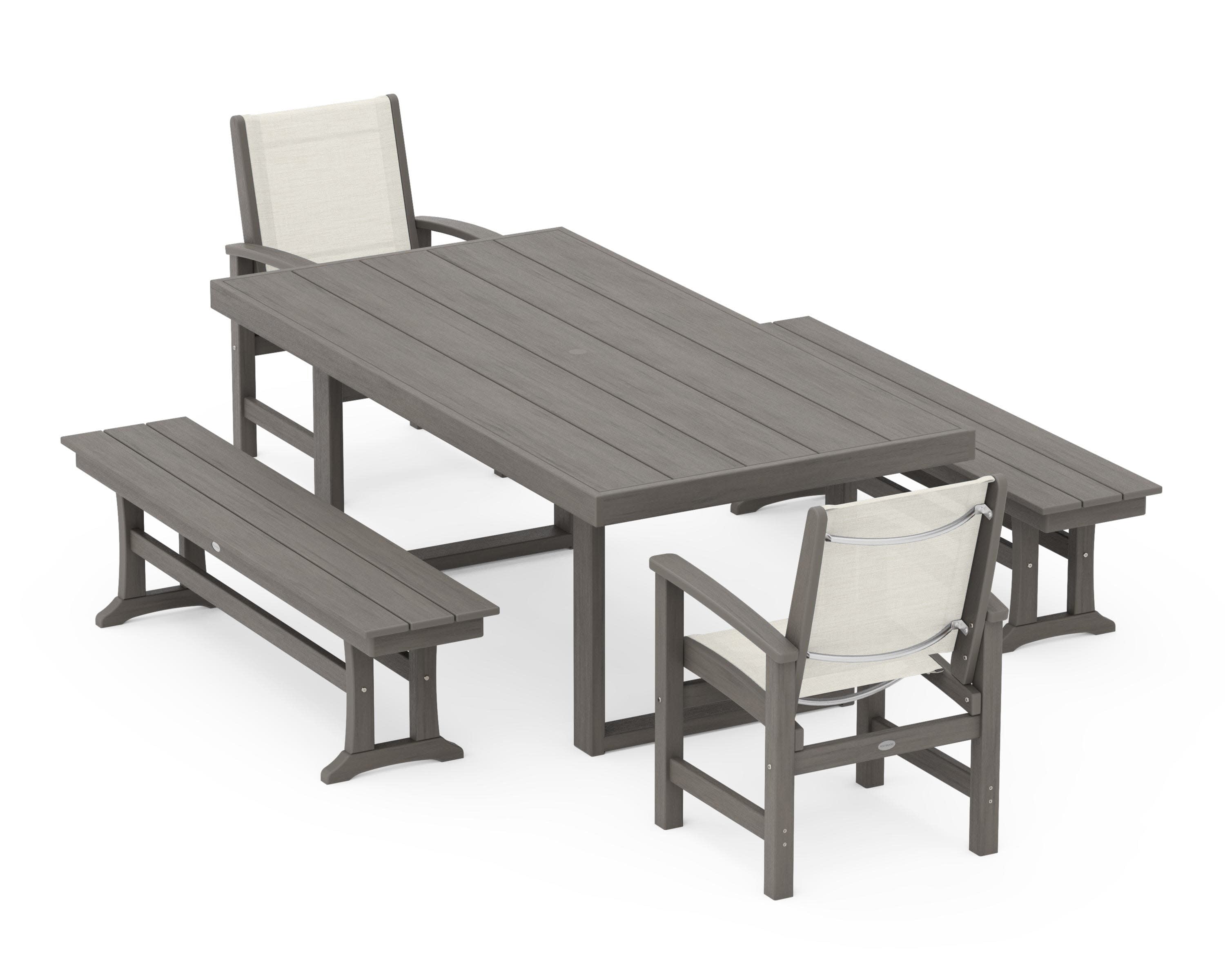 Coastal 5-Piece Dining Set with Trestle Legs in Driftwood / Parchment Sling