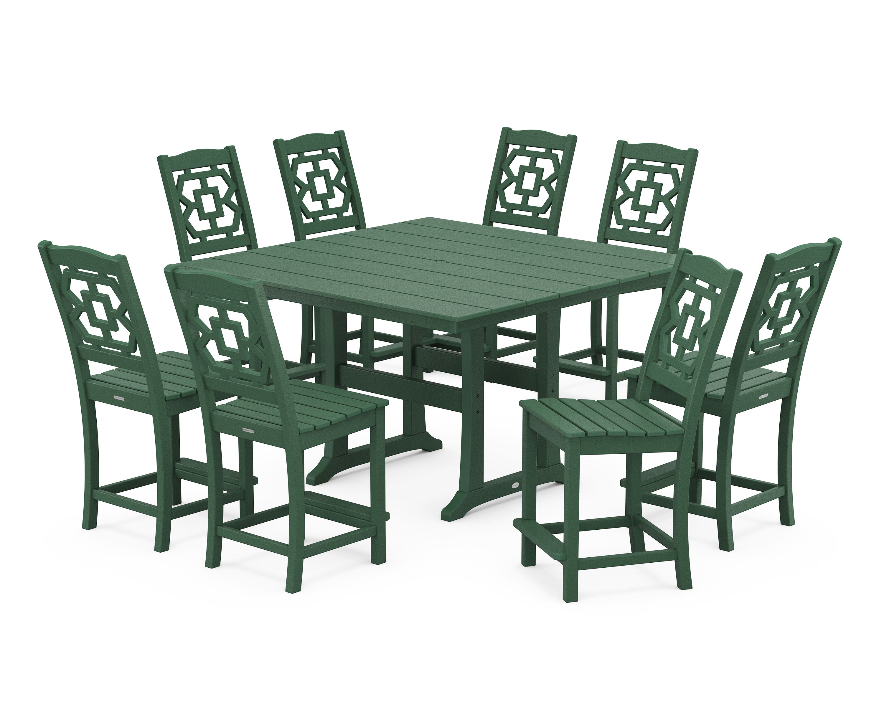 Chinoiserie 9-Piece Square Farmhouse Side Chair Counter Set with Trestle Legs in Green