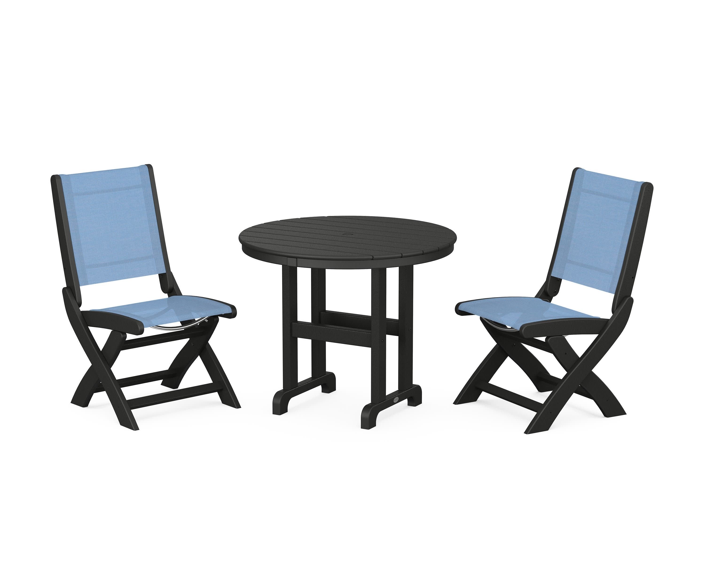 Coastal Folding Side Chair 3-Piece Round Dining Set in Black / Poolside Sling
