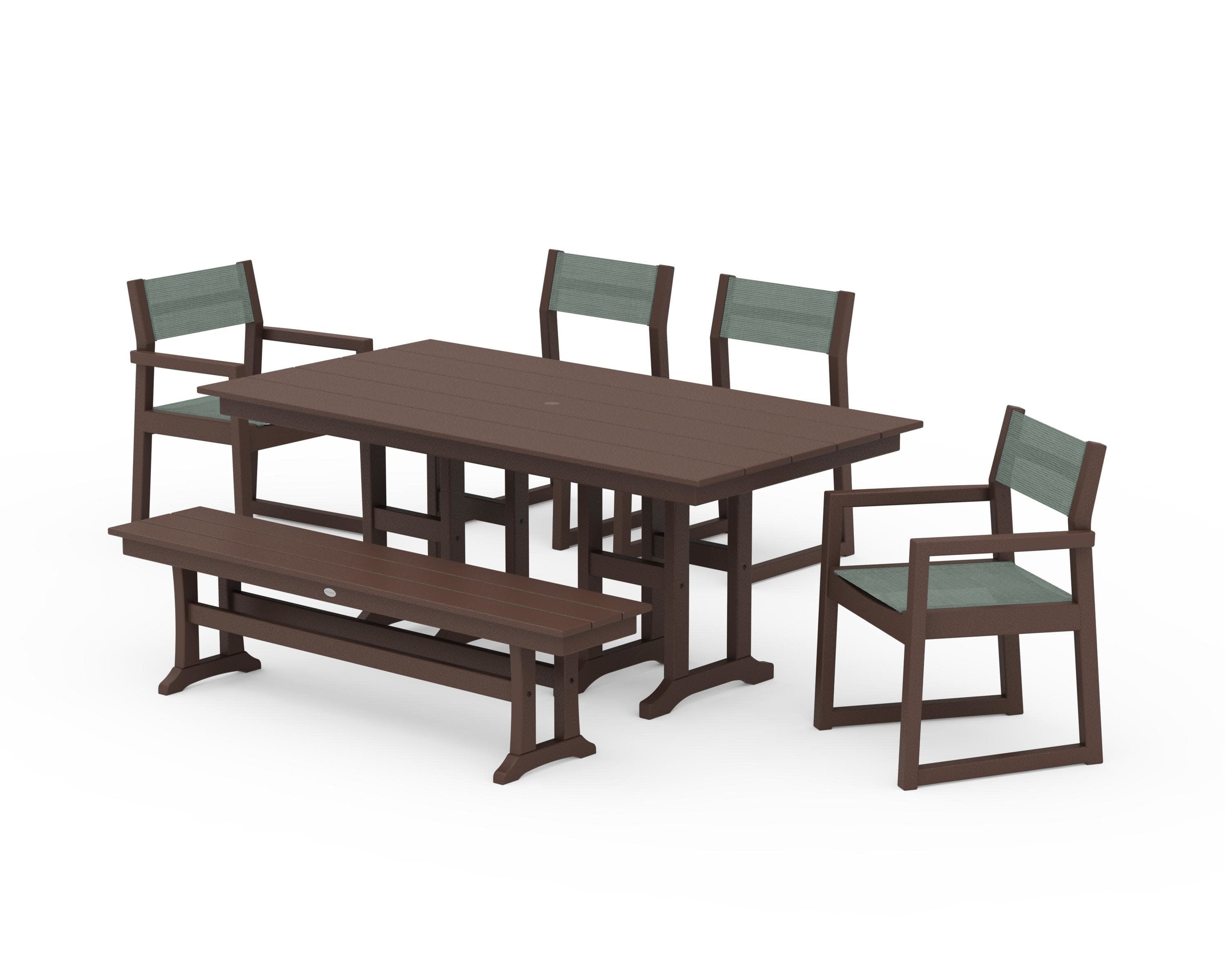 EDGE Sling 6-Piece Farmhouse Dining Set in Mahogany / Dupioni Sea Mist Sling