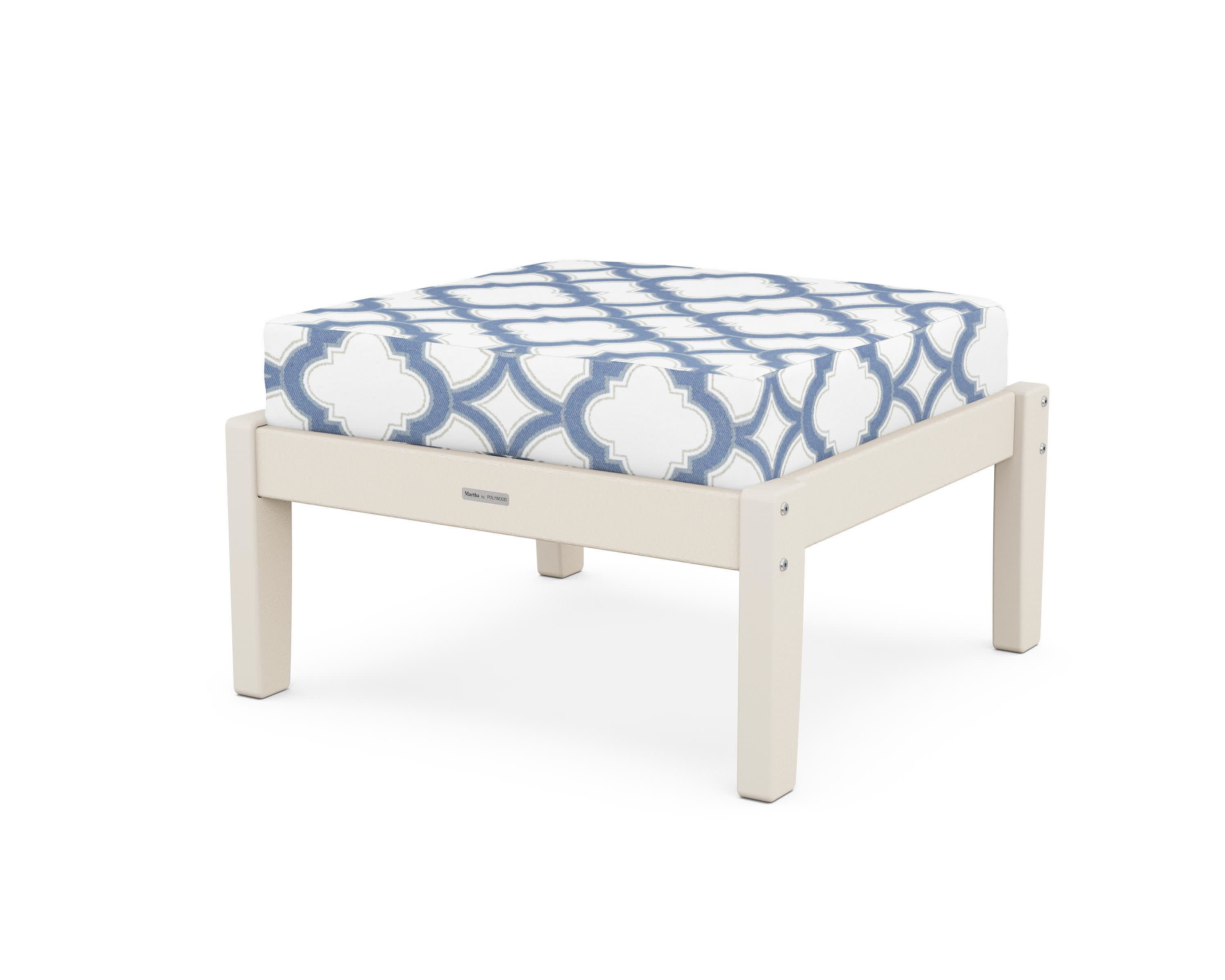 Chinoiserie Deep Seating Ottoman in Sand / Trellis Sky Blue