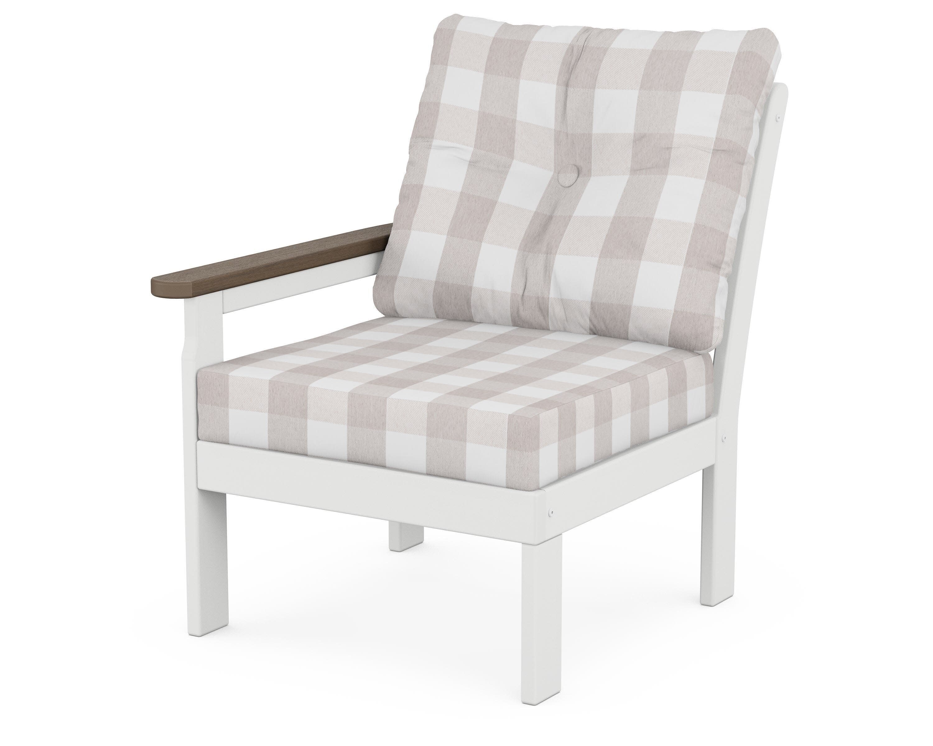 Vineyard Modular Left Arm Chair in White / Kona / Buffalo Plaid Dune Burlap