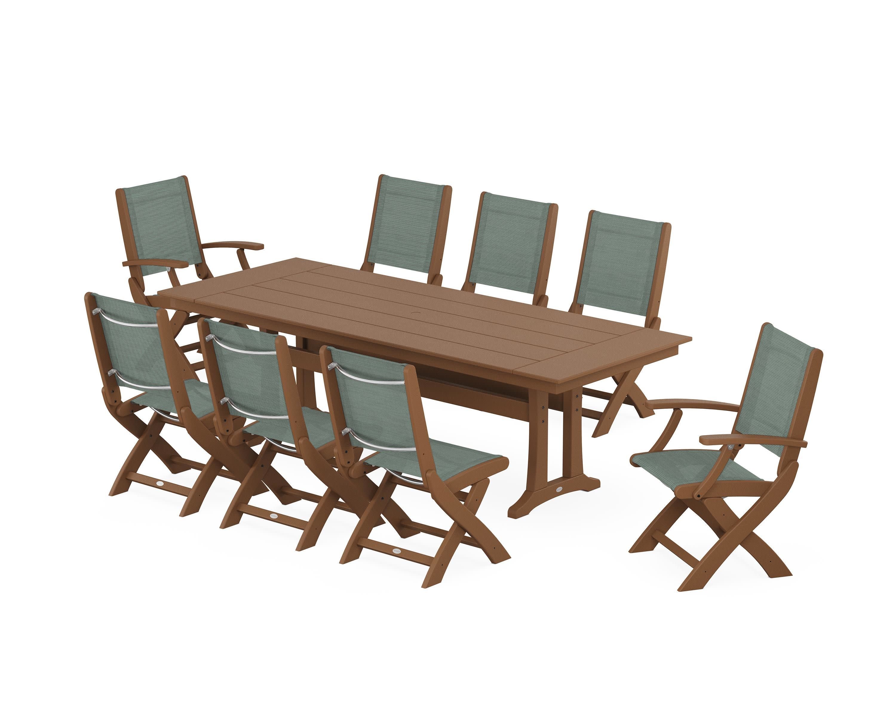 Coastal 9-Piece Folding Dining Chair Farmhouse Dining Set with Trestle Legs in Teak / Dupioni Sea Mist Sling