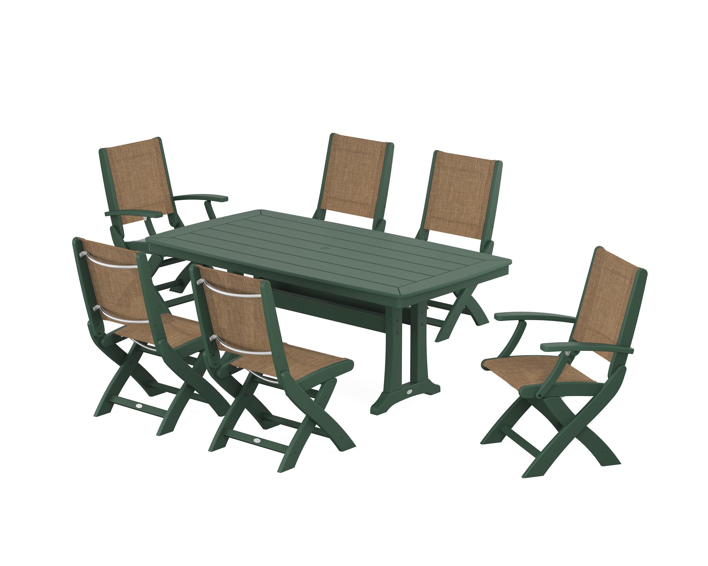 Coastal Folding Chair 7-Piece Dining Set with Trestle Legs in Green / Burlap Sling