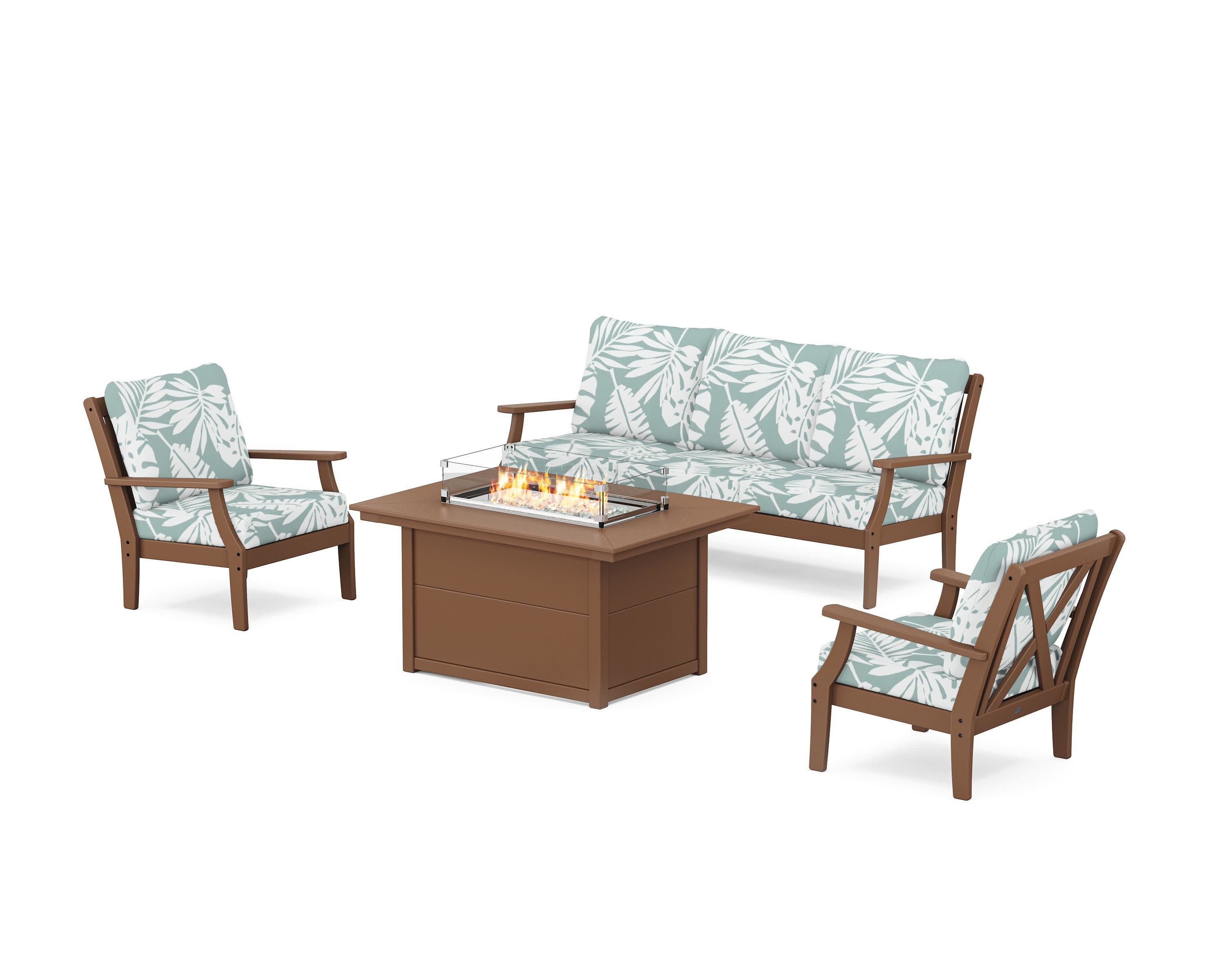 Braxton Deep Seating Fire Pit Table Set in Teak / Leaf Glacier Spa