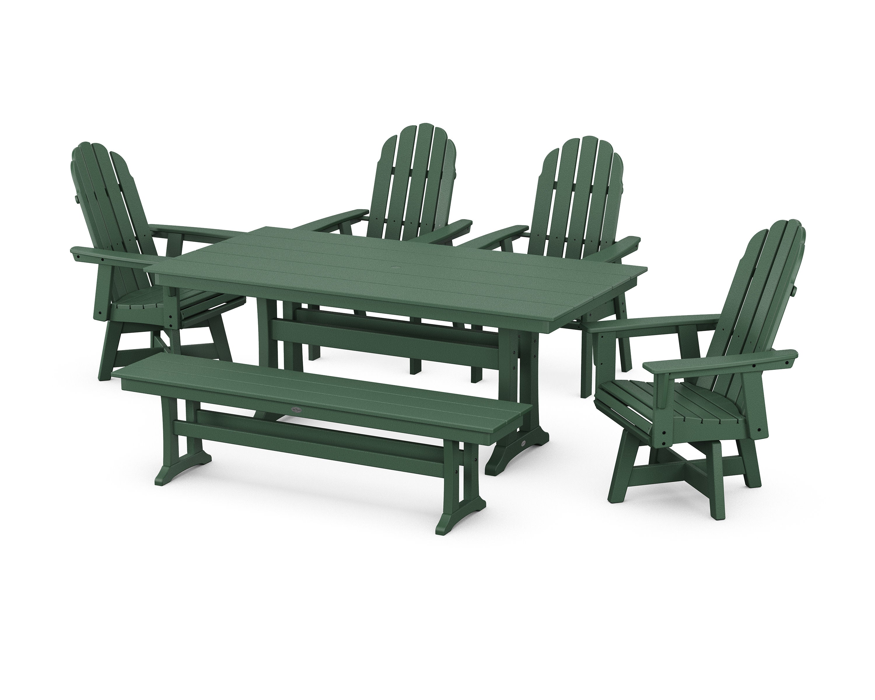 Vineyard Curveback Adirondack 6-Piece Swivel Chair Farmhouse Dining Set with Trestle Legs and Bench in Green