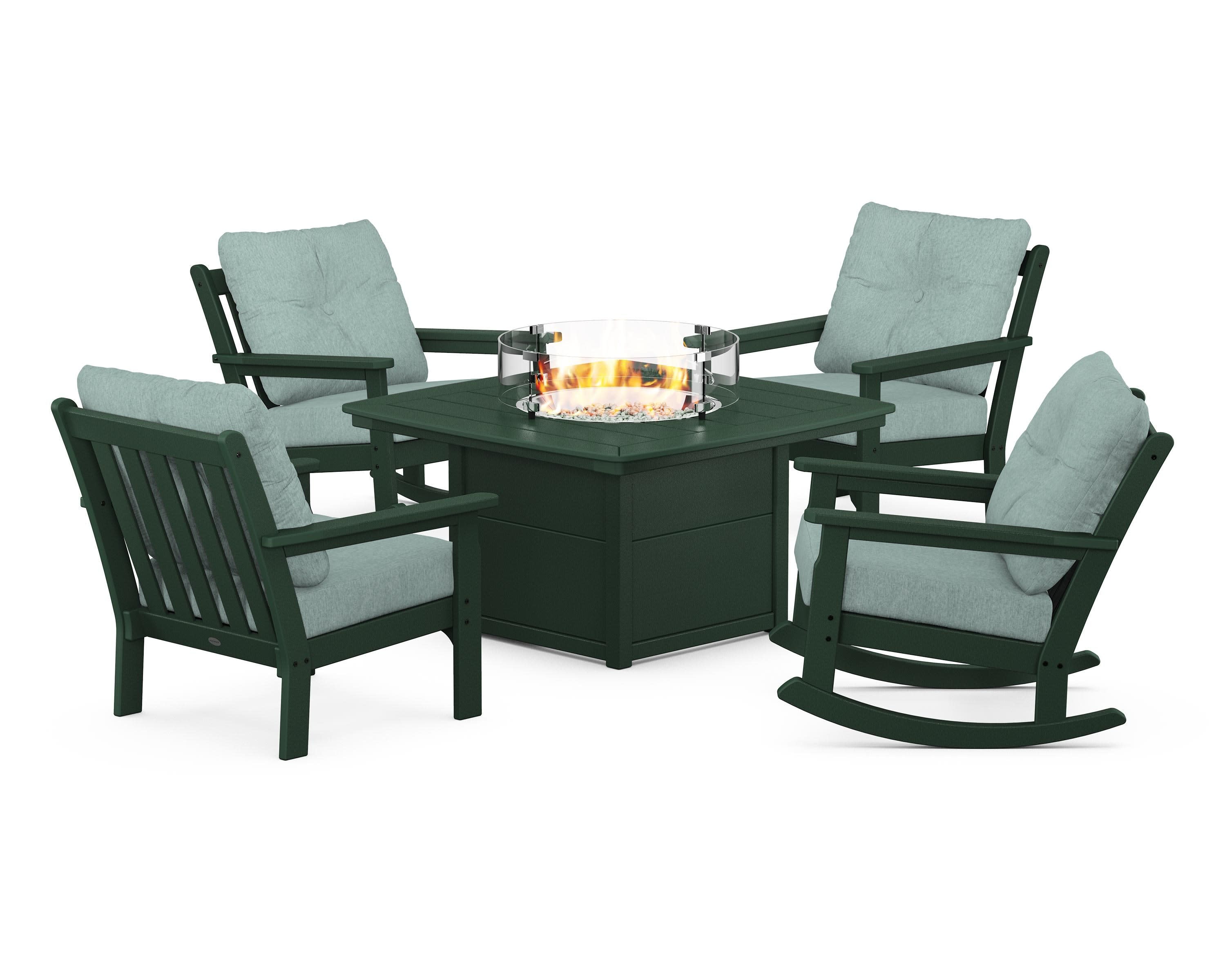 Vineyard 5-Piece Deep Seating Rocking Chair Conversation Set with Fire Pit Table in Green / Glacier Spa