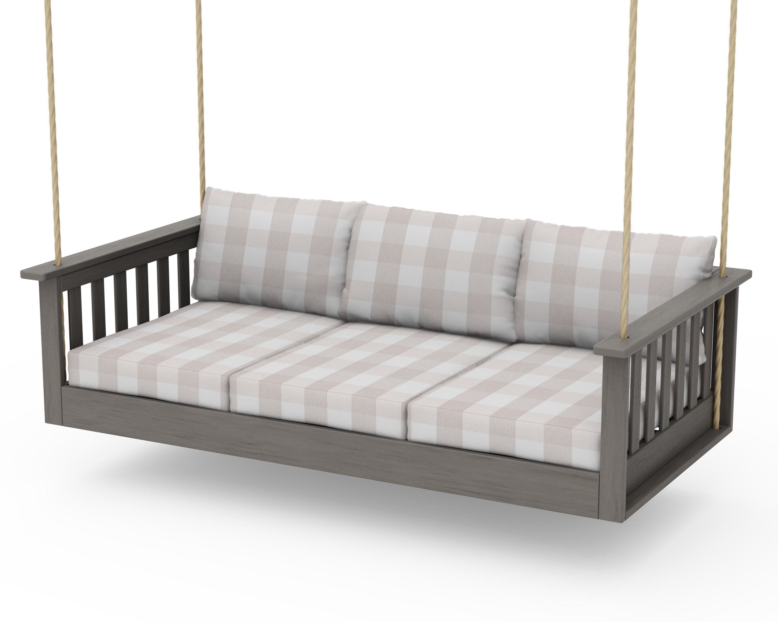 Vineyard Daybed Swing in Driftwood / Buffalo Plaid Dune Burlap