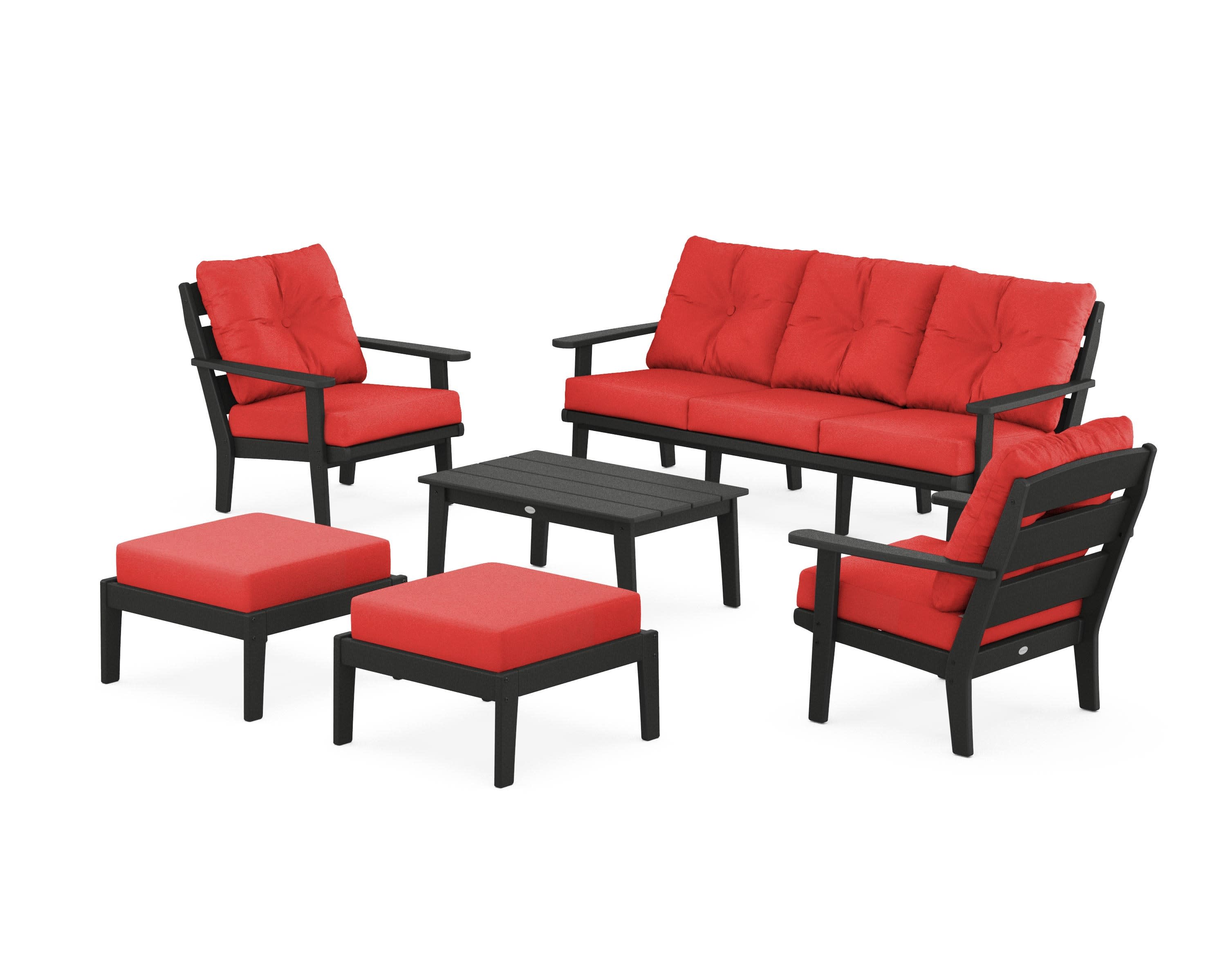 Lakeside 6-Piece Lounge Sofa Set in Black / Crimson Linen
