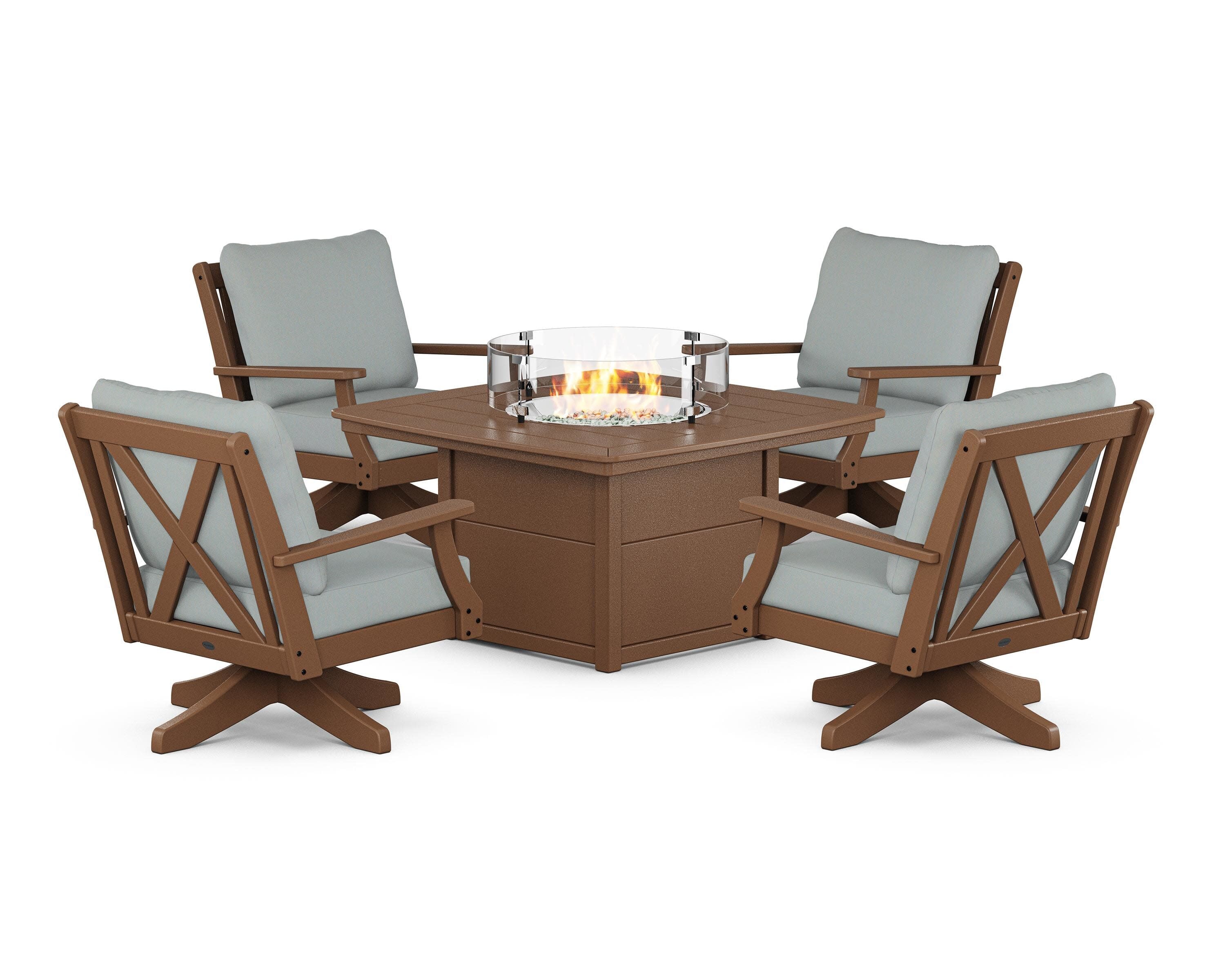 Braxton 5-Piece Deep Seating Swivel Conversation Set with Fire Pit Table in Teak / Spa