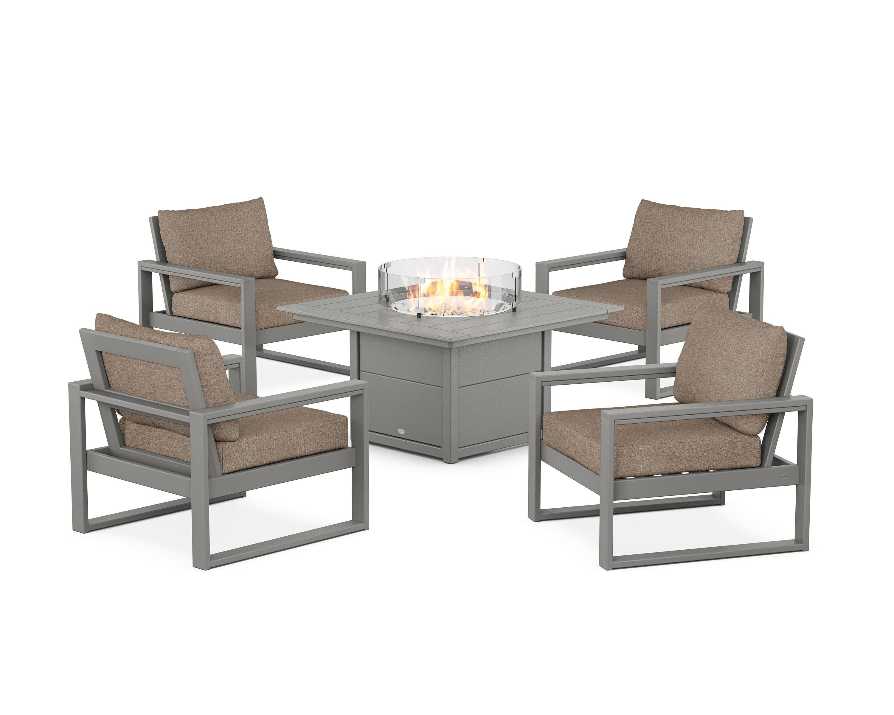 EDGE Sectional 5-Piece Deep Seating Set with Fire Pit Table in Slate Grey / Spiced Burlap