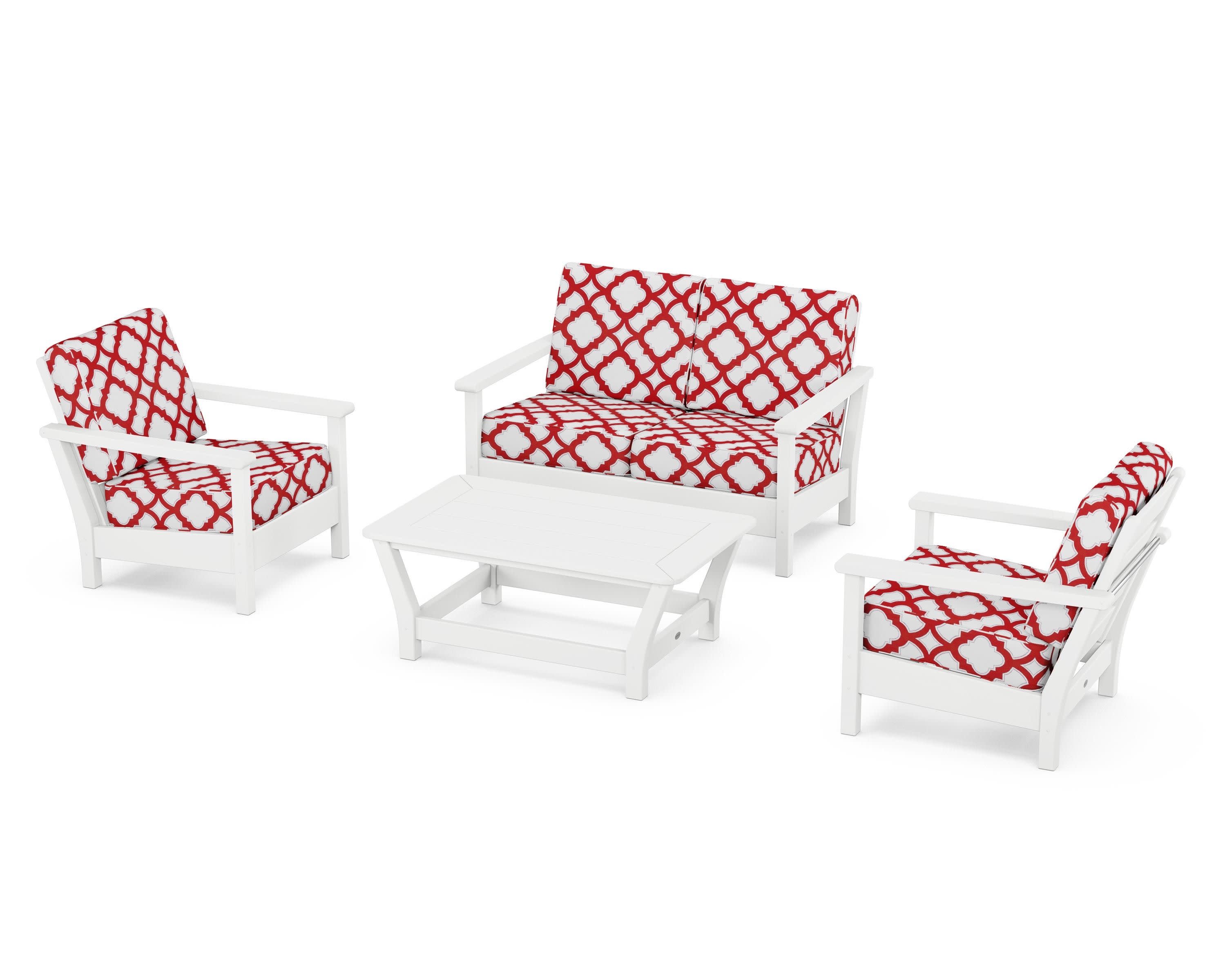 Harbour 4-Piece Deep Seating Set in White / Trellis Crimson