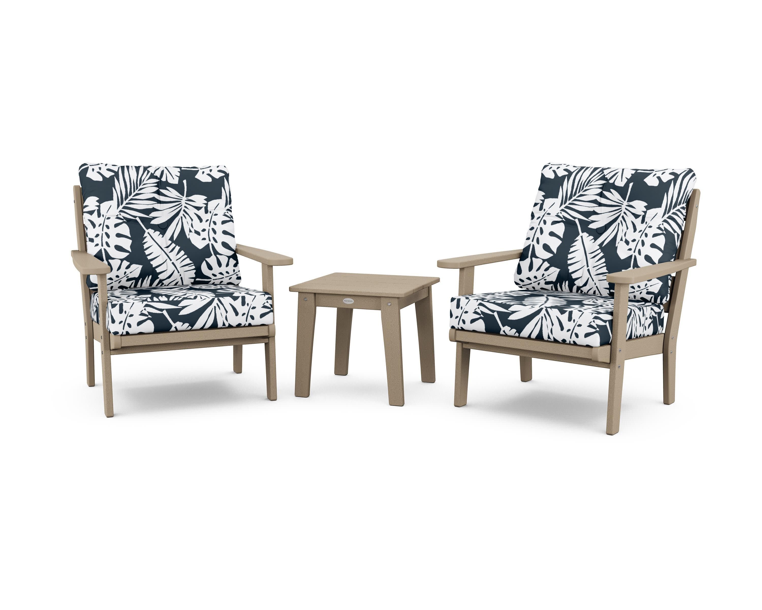 Lakeside 3-Piece Deep Seating Chair Set in Vintage Sahara / Leaf Marine Indigo