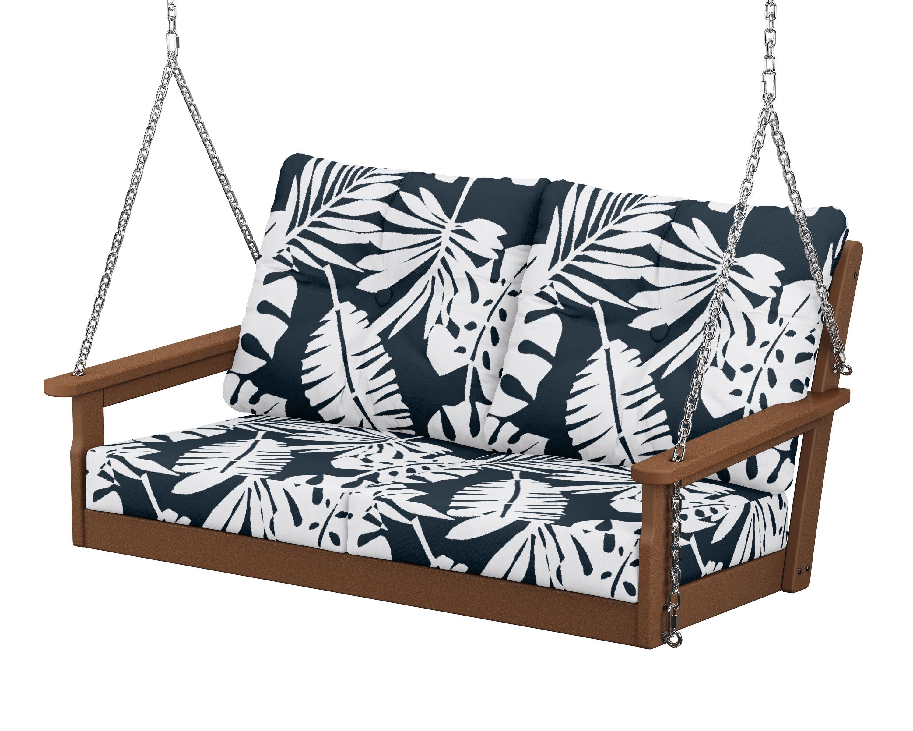 Vineyard Deep Seating Swing in Teak / Leaf Marine Indigo